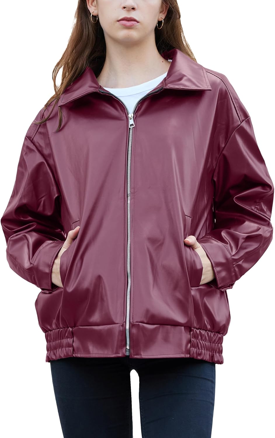 Womens Oversized Faux Leather Motocycle Jacket Zip Up Outwear Coat with Pockets - Image 2