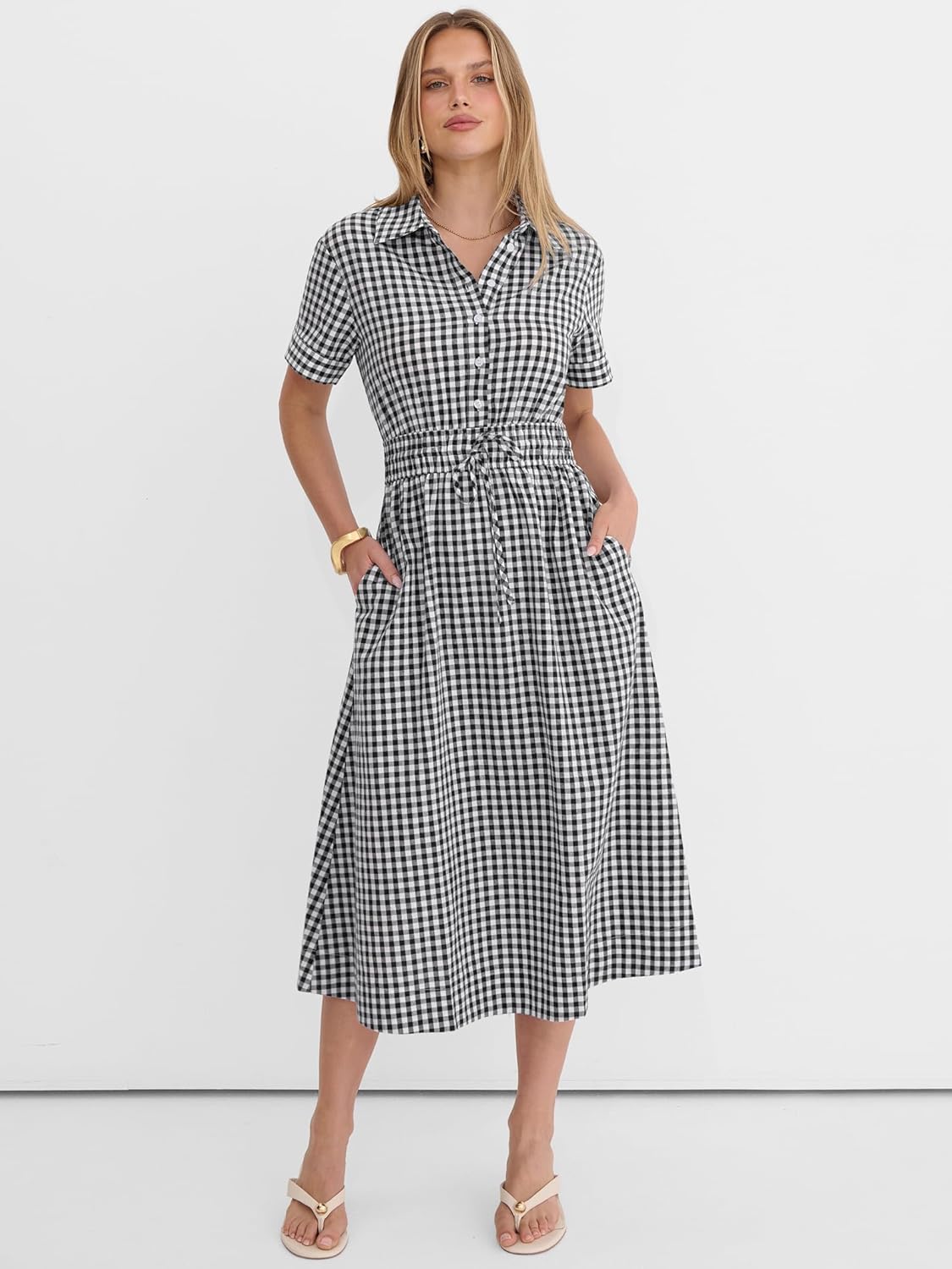 ANRABESS Womens Summer Midi Dress Short Sleeve Striped Plaid Button Collar Shirt Dresses 2026 Casual Beach Vacation Clothes - Image 3