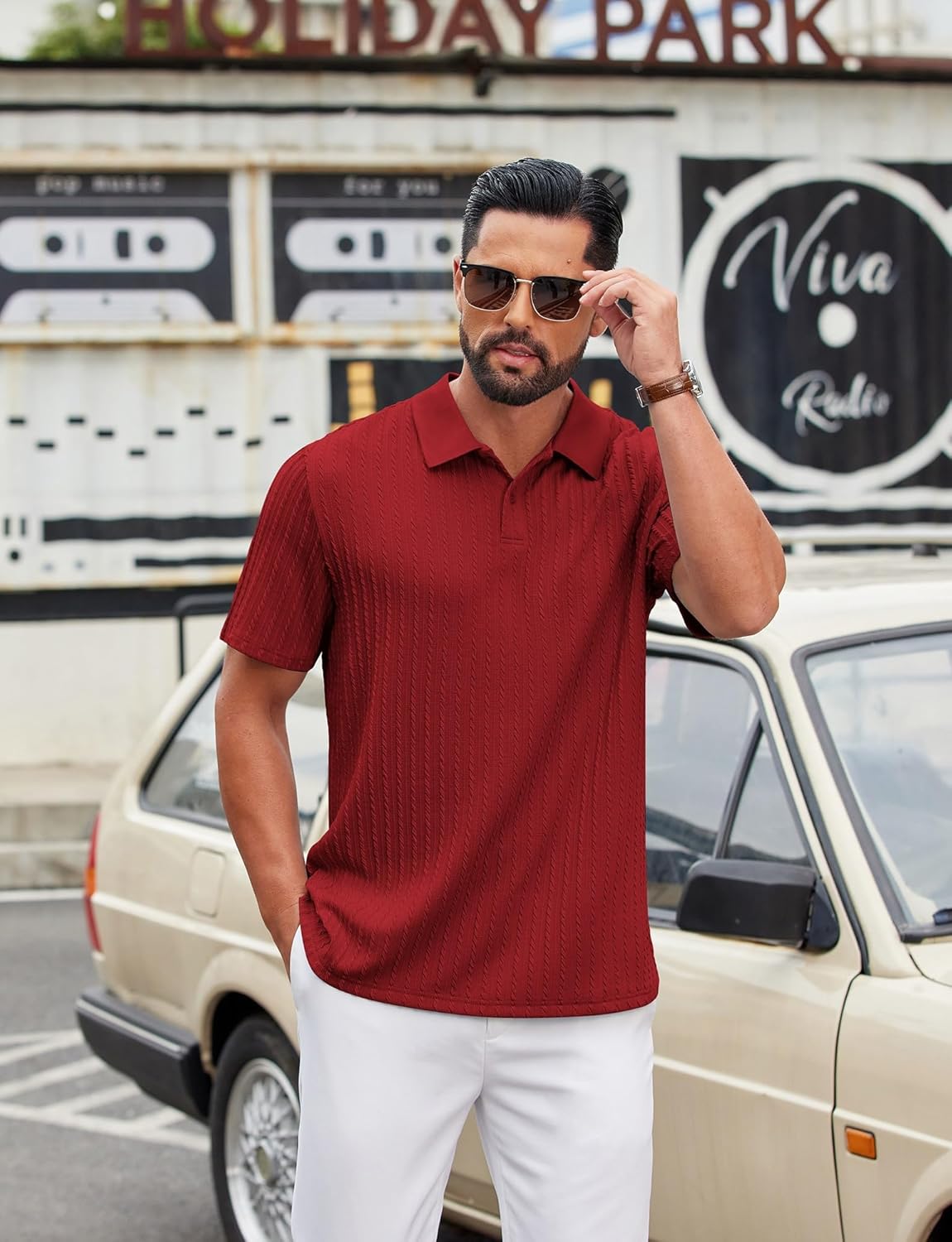 COOFANDY Mens Polo Shirt Textured Knit Button Casual Short Sleeve Summer Vacation Beach Stretchy Golf Shirts - Image 3