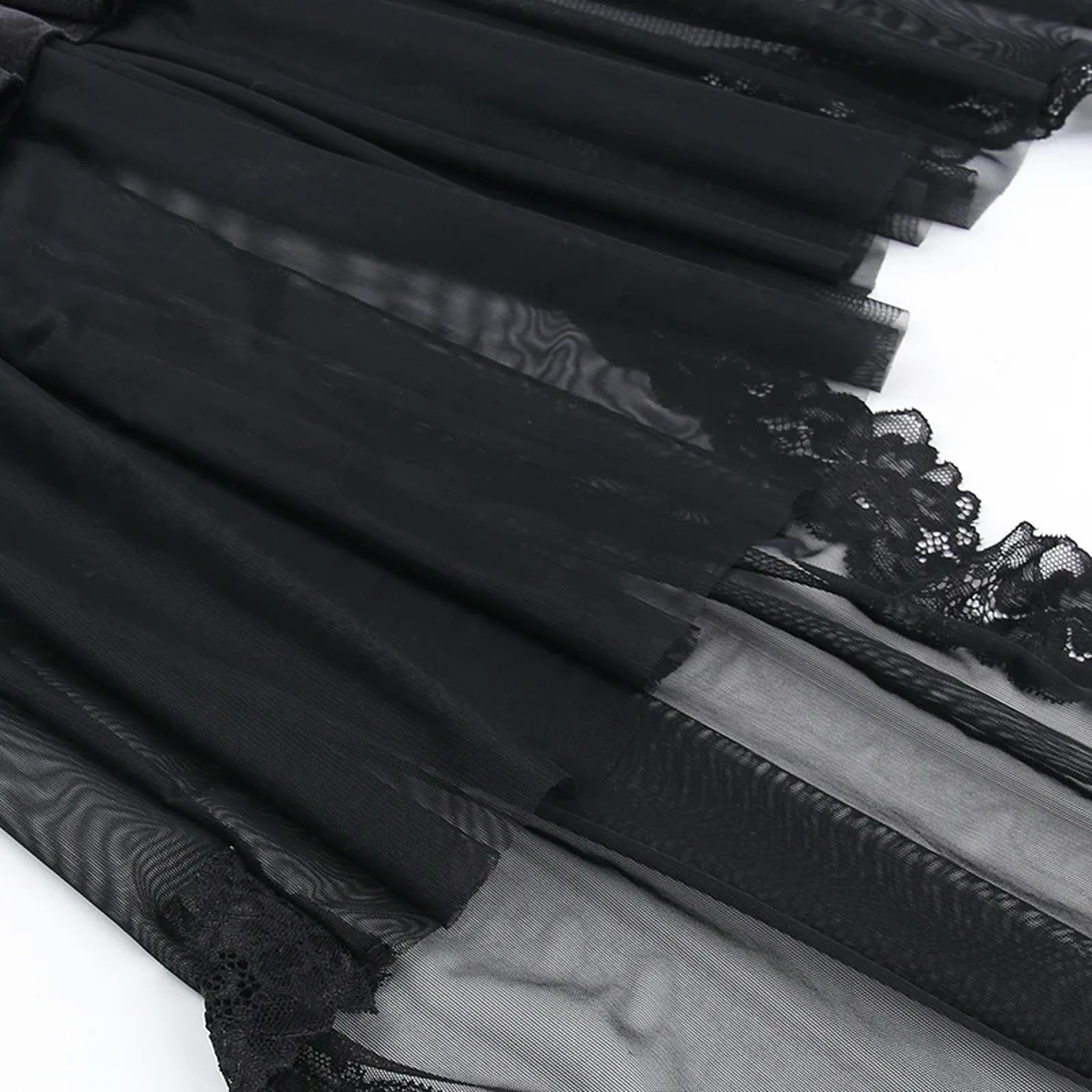 Gonne a Vita Alta con Pizzo Nero, Gonna Corta a Trapezio a Strati in Stile Gotico da Donna-Nero-M
