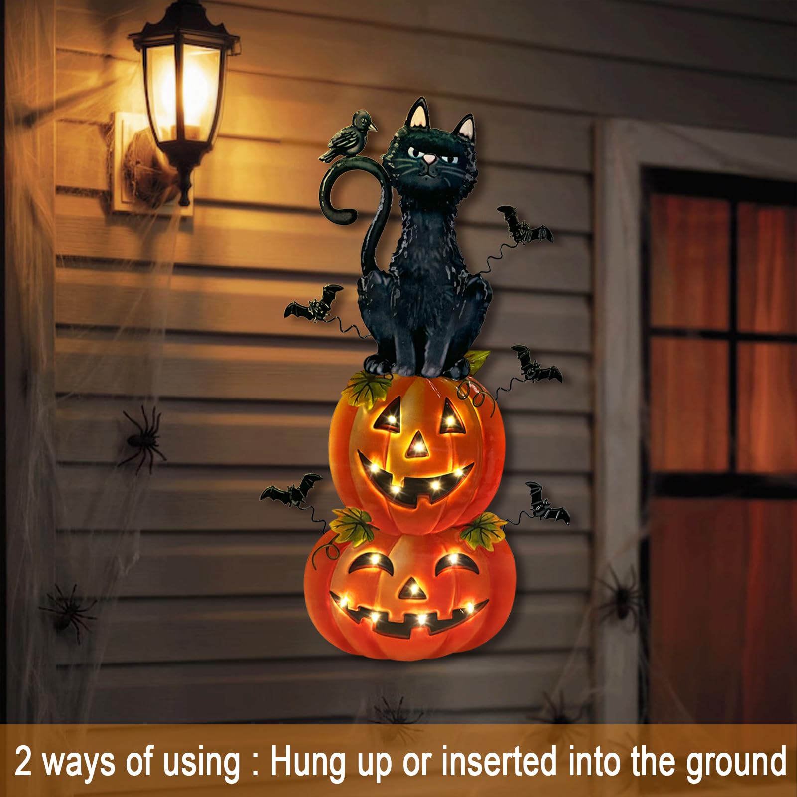 Decorazioni di Halloween all'aperto, gatto nero in metallo a batteria con pipistrelli di zucca illuminato timer per esterni, spaventoso Halloween Yard Art per patio, cortile, prato, interno