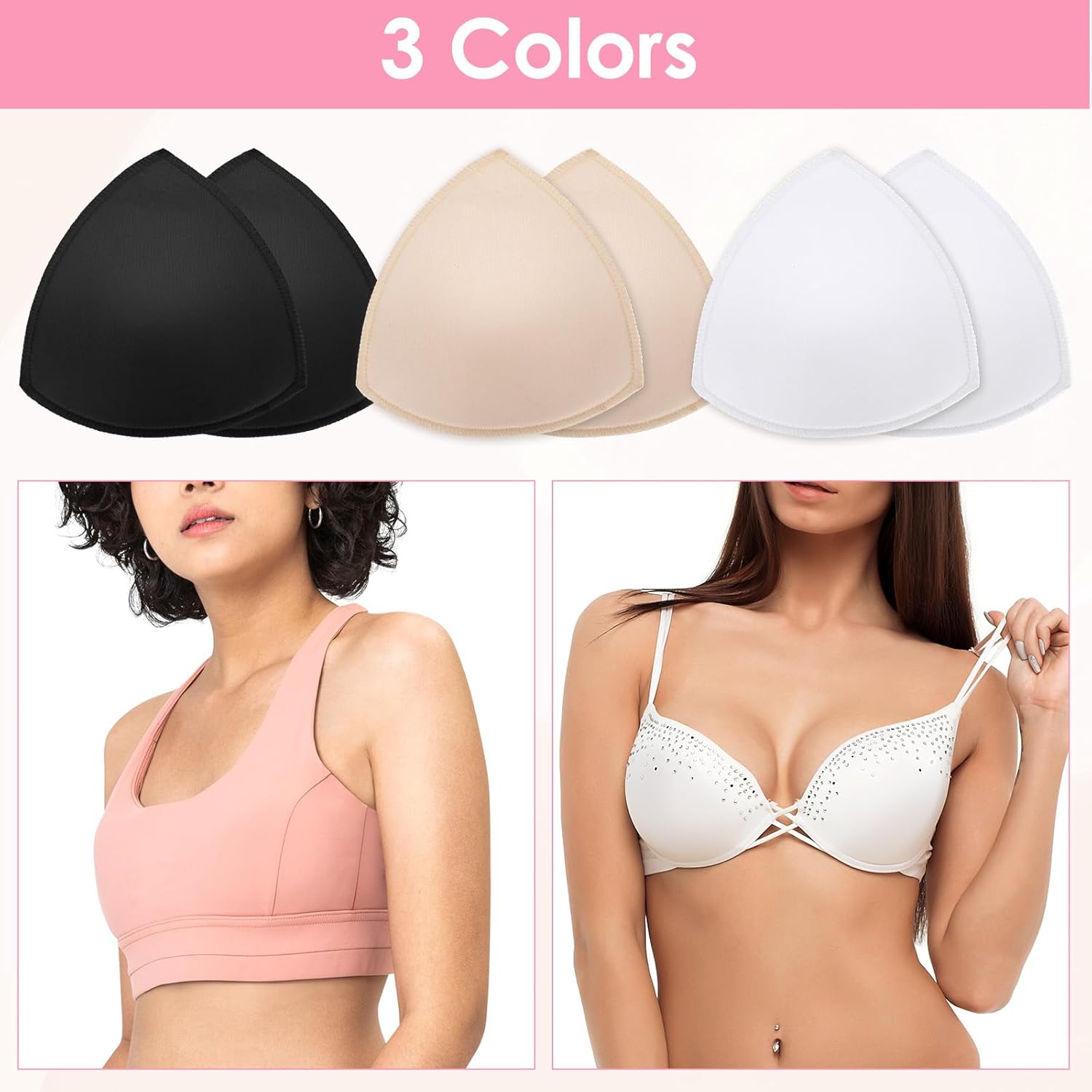 6 Pairs Bra Inserts, Sports Bra Pads, Removable Pads for Bras Inserts for Sports, Swimwear, Dresses Women(Skin, Black, White) - Image 2