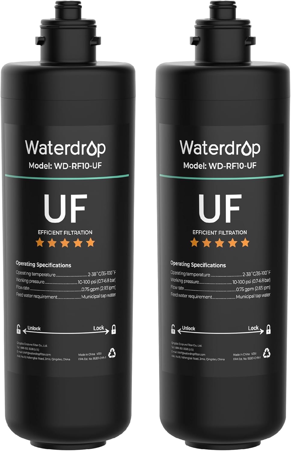 Waterdrop RF10-UF 0.01 Micron Replacement Filter Cartridge For 10UA/10UA-UF/10UB/10UB-UF Under Sink Water Filter, 11K Gallons High Capacity（𝐍𝐨𝐭 𝐜𝐨𝐦𝐩𝐚𝐭𝐢𝐛𝐥𝐞 𝐰𝐢𝐭𝐡 𝐓𝐒𝐀-𝐔𝐅)，2 Pack