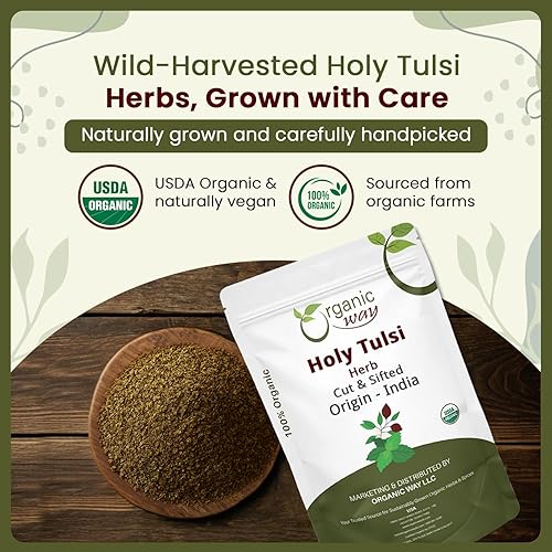 Miniatura 3 de Organic Way Tulsi sagradohierba de albahaca sagrada cortada y tamizada (Ocimum Tenuiflorum) - Certificado orgánico y Kosher  Crudo, vegano, sin OMG