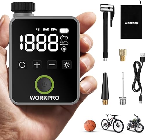 WORKPRO Mini bomba eléctrica para bicicleta, bomba de neumático de bicicleta portátil de 140 PSI con manómetro, pantalla digital, apagado