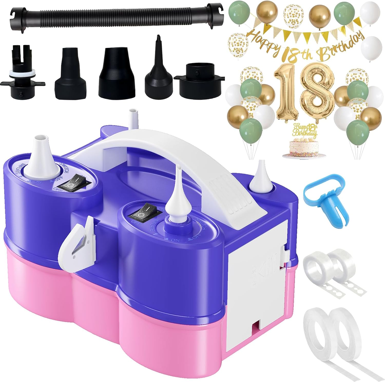 18th Birthday Decorations with Electric Balloon Pump Electric Air Pump Inflatables Machine Dual Nozzle Balloon Pump for Latex 260q Foil Balloons 110V Inflator Deflator Pool Inflatable Bed Vacuum Bag