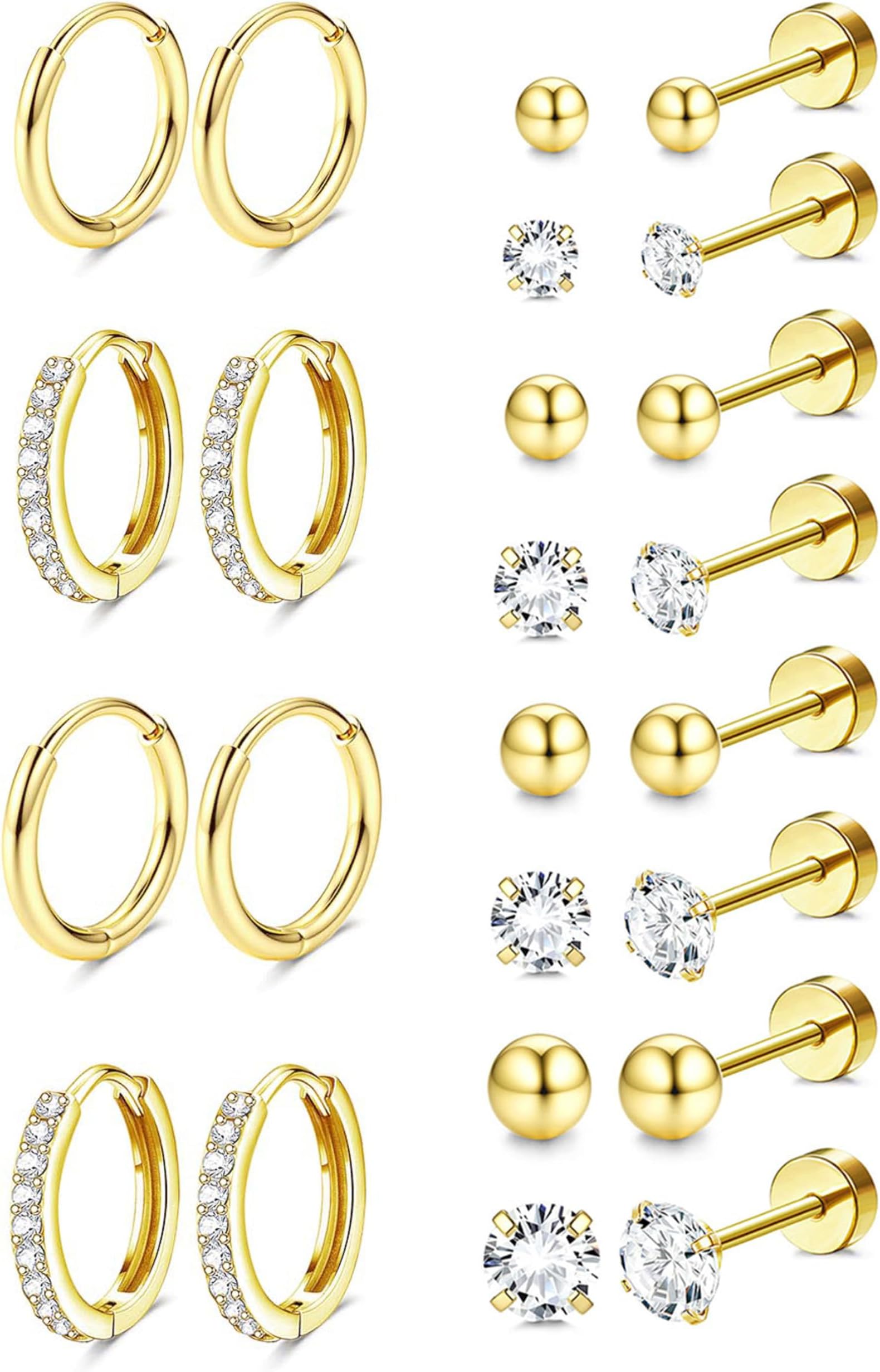 Gold Stud Hoop Earrings for Women, Hypoallergenic Surgical Steel Earrings for Sensitive Ears, Comfortable Flat Back Earring for Sleeping/Daily, Nickel-Free Cartilage Earring Stack Set for Multiple Piercing Jewelry 12Pairs