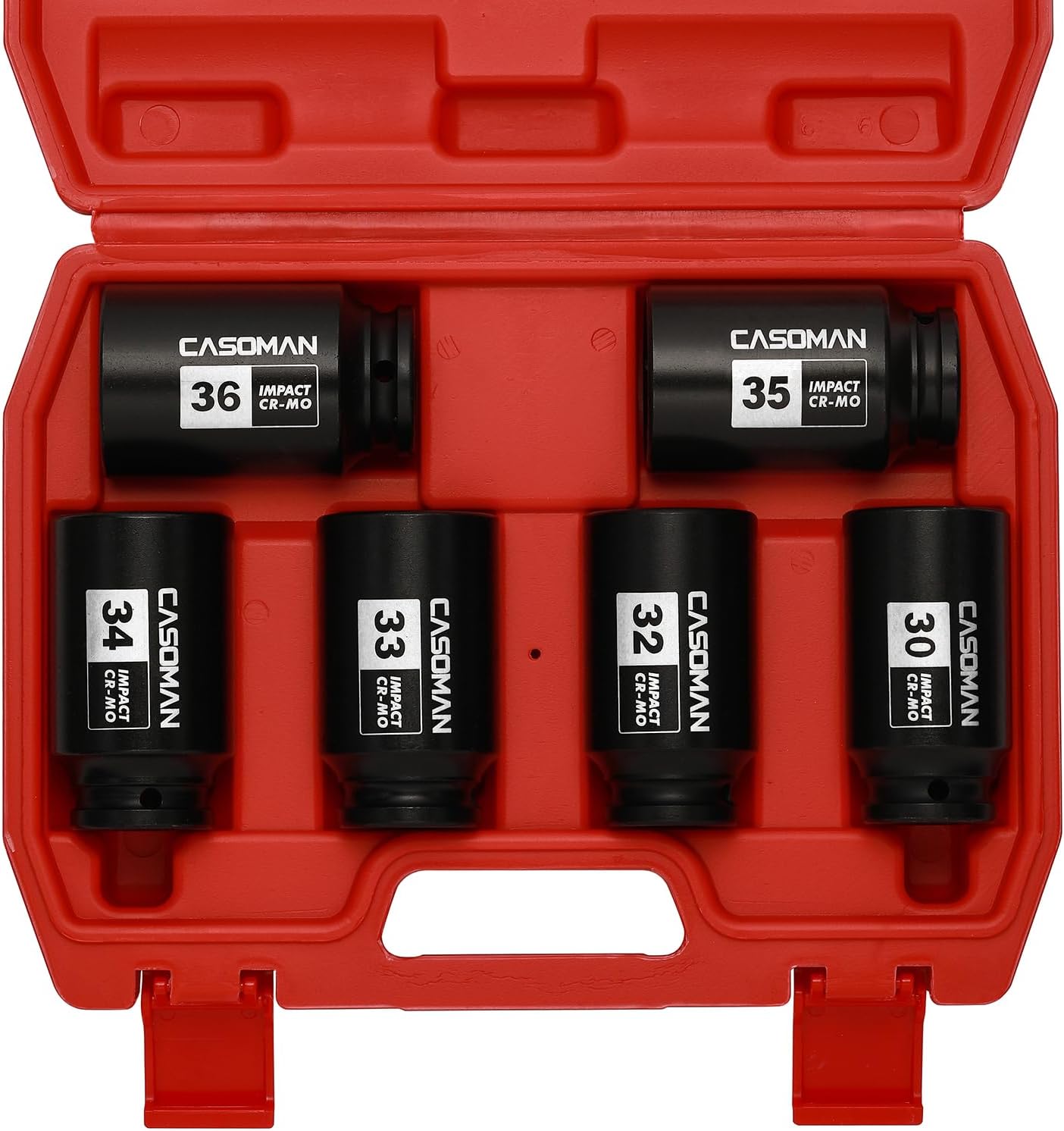 CASOMAN 1/2- Inch Drive Deep Spindle Axle Nut Impact Socket Set, 6-Piece 1/2" Dr. Deep Impact Socket Set,6 Point, CR-MO, Metric, Impact Grade, 30mm, 32mm, 33mm, 34mm, 35mm, 36mm