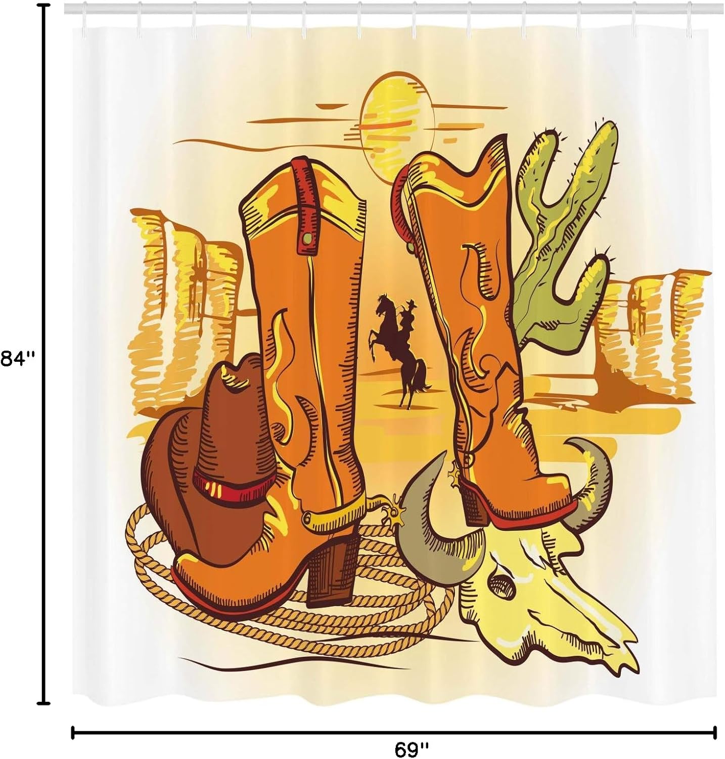 Ambesonne Western Shower Curtain, Illustration Old Wild West Elements Shoes and Image of Cowboy Print, Cloth Fabric Bathroom Decor Set with Hooks, 69" W x 84" L, Yellow Orange
