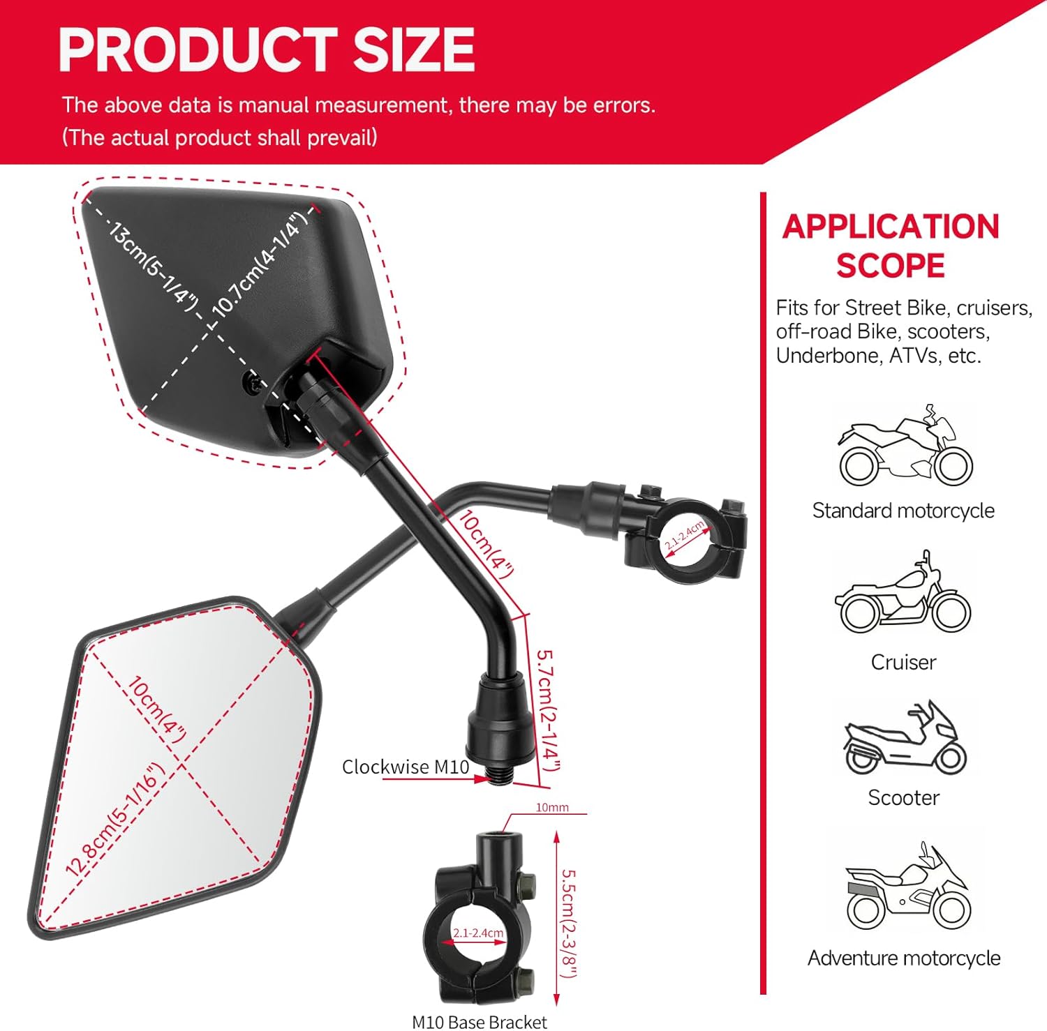 DREAMIZER Motorcycle Rear View Mirror - with M8 M10 Threaded Bolts, 7/8" Handlebar Mirror Mount Compatible with Motorcycle Scooter Moped Polaris Sportsman ATV Dirt Bike Cruiser