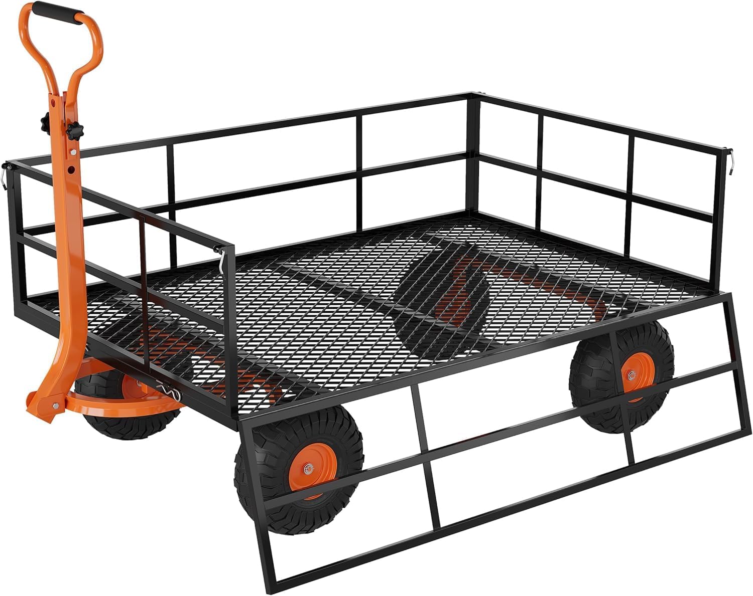 Heavy Duty Steel Garden Cart - 1200 LBS Capacity 3-in-1 Pullable Garden Wagon with 10-Inch Pneumatic Wheels, Versatile for Gardening Soil, Tools, Plant Transport & More，Black Orange