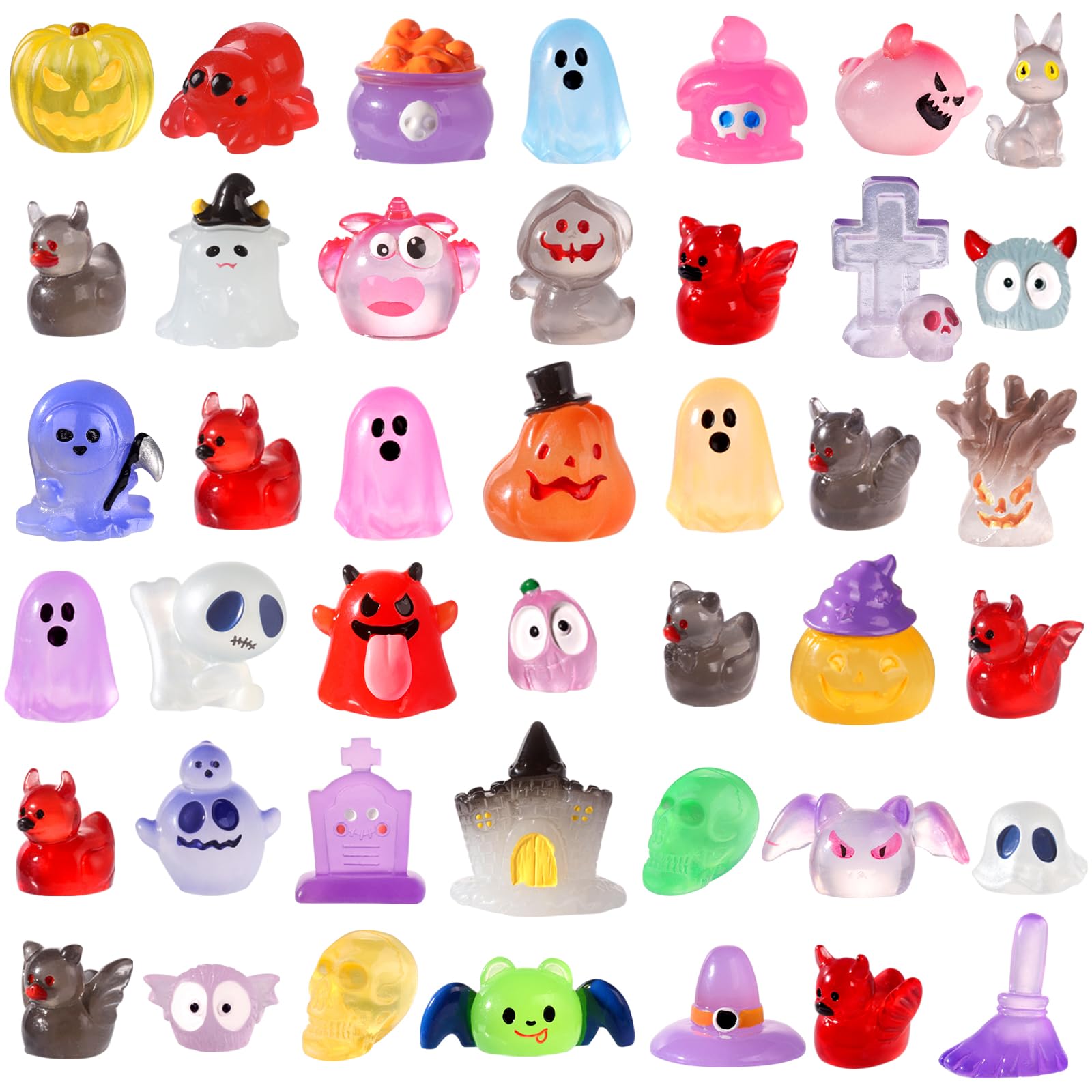 XIMISHOP 50PCS Mini Halloween Resin Luminous Ornaments,50 Styles Little Tiny Halloween Resin Ducks Pumpkins Miniature Small Halloween Plastic Figures Glow in The Dark for DIY Landscape Desk Decor