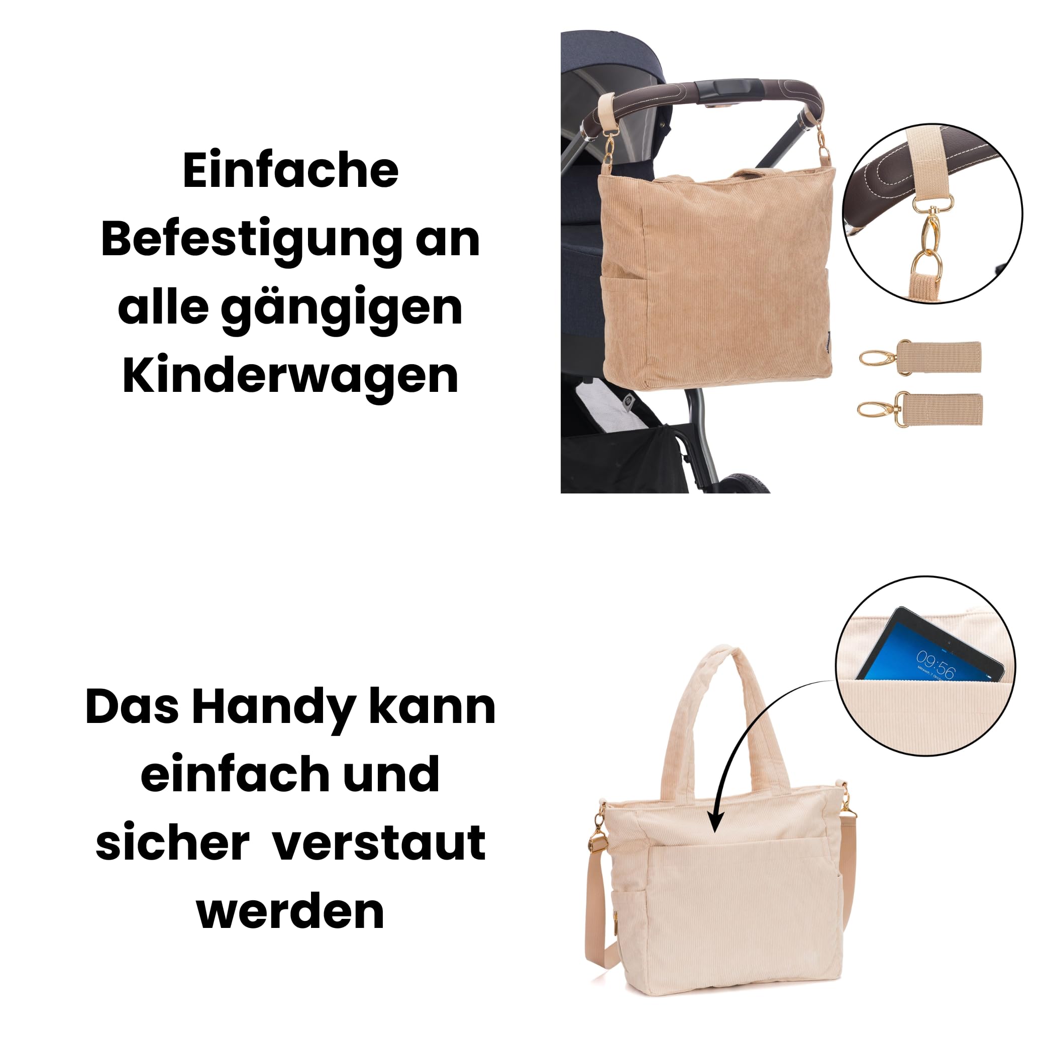 Fillikid Wickeltasche Cord Exclusiv| Baby Windeltasche Mom Bag | Inkl. Wickelauflage, Thermotasche, viele Fächer, Schultergurt & Haken für Kinderwagen | Wickel Organizer ab Geburt & Kliniktasche
