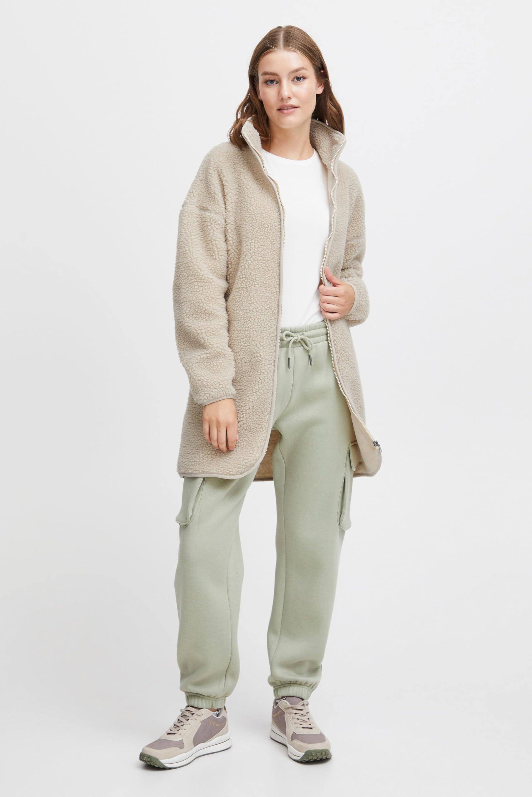 OXMO OXTova Damen Sweatjacke Lang Jacke mit Teddy-Fell Stehkragen Reißverschluss Eingrifftaschen Loose fit