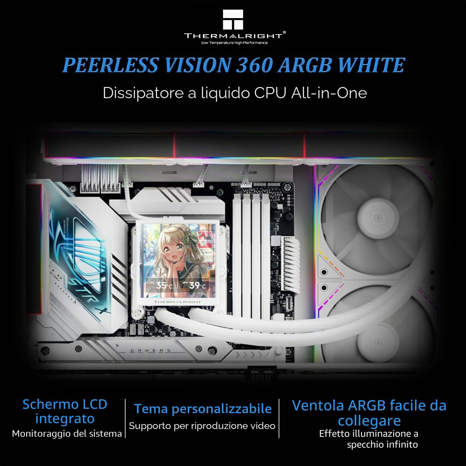 Thermalright Peerless Vision 360 ARGB White Aio CPU, schermo IPS da 3,95 pollici con risoluzione 480 x 480, ventola Wireless Splicing CPU per AM5/Intel LGA1851/1700