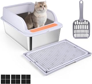 Katzentoilette Edelstahl, Banaone Katzenklo, Leicht zu Reinigen und Geruchsresistent Katzentoilette Edelstahl Auslauf-und Verschüttungssicher mit Katzenstreumatte und Schaufel