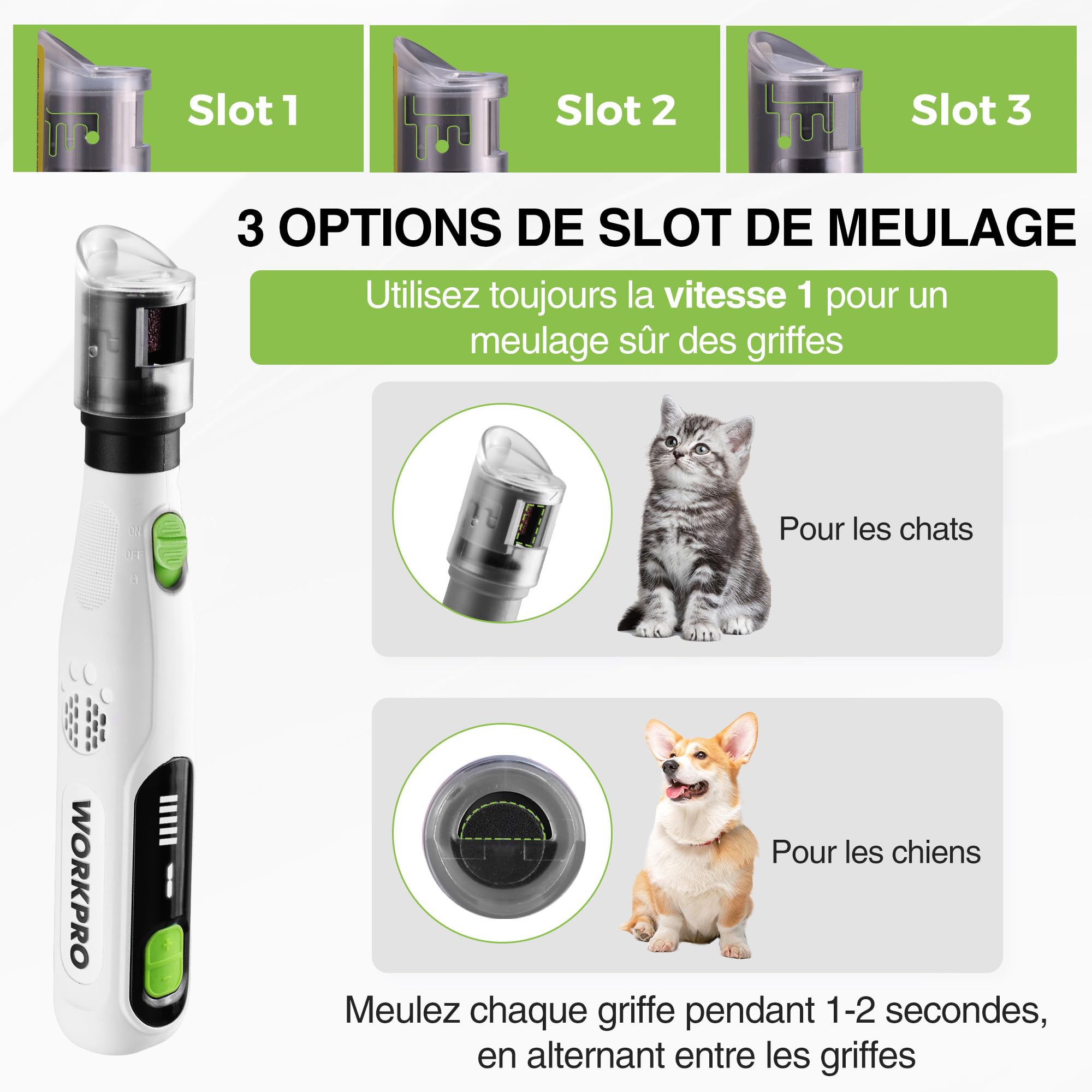 WORKPRO Lime à Ongles Chien Électrique | Lime Griffe pour Chiens et Chats avec 6 Vitesses, 3 Options de Slot, 70 Accessoires, Rechargeable Type-C et Sac de Rangement