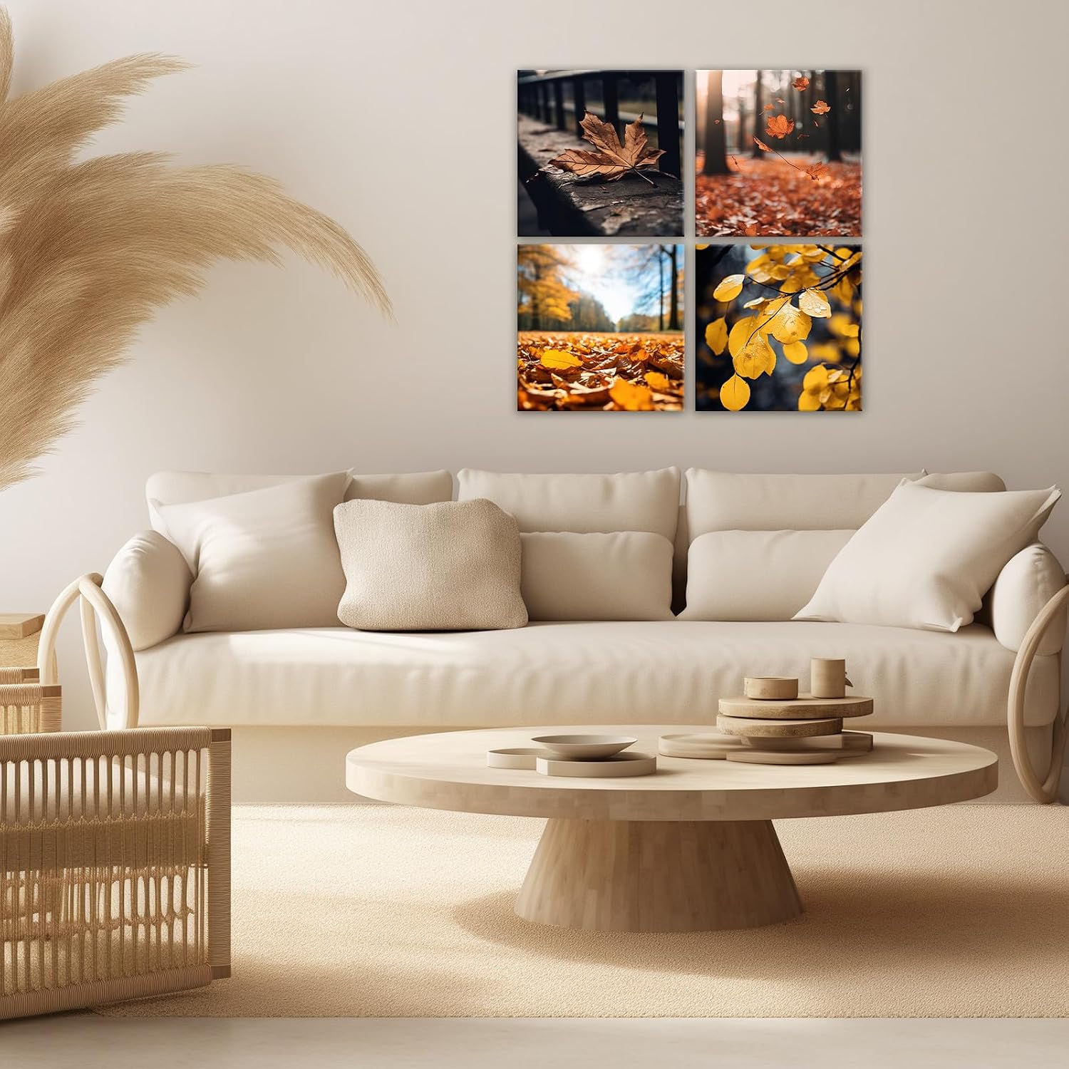 GLOKAKA Fall Forest Wall Art 4 Pcs Autumn Landscape Canvas Prints Maple Leaves Painting Pictures for Living Room Bedroom Home Wall Decor(Artwork-2,16"x16"x4pcs)