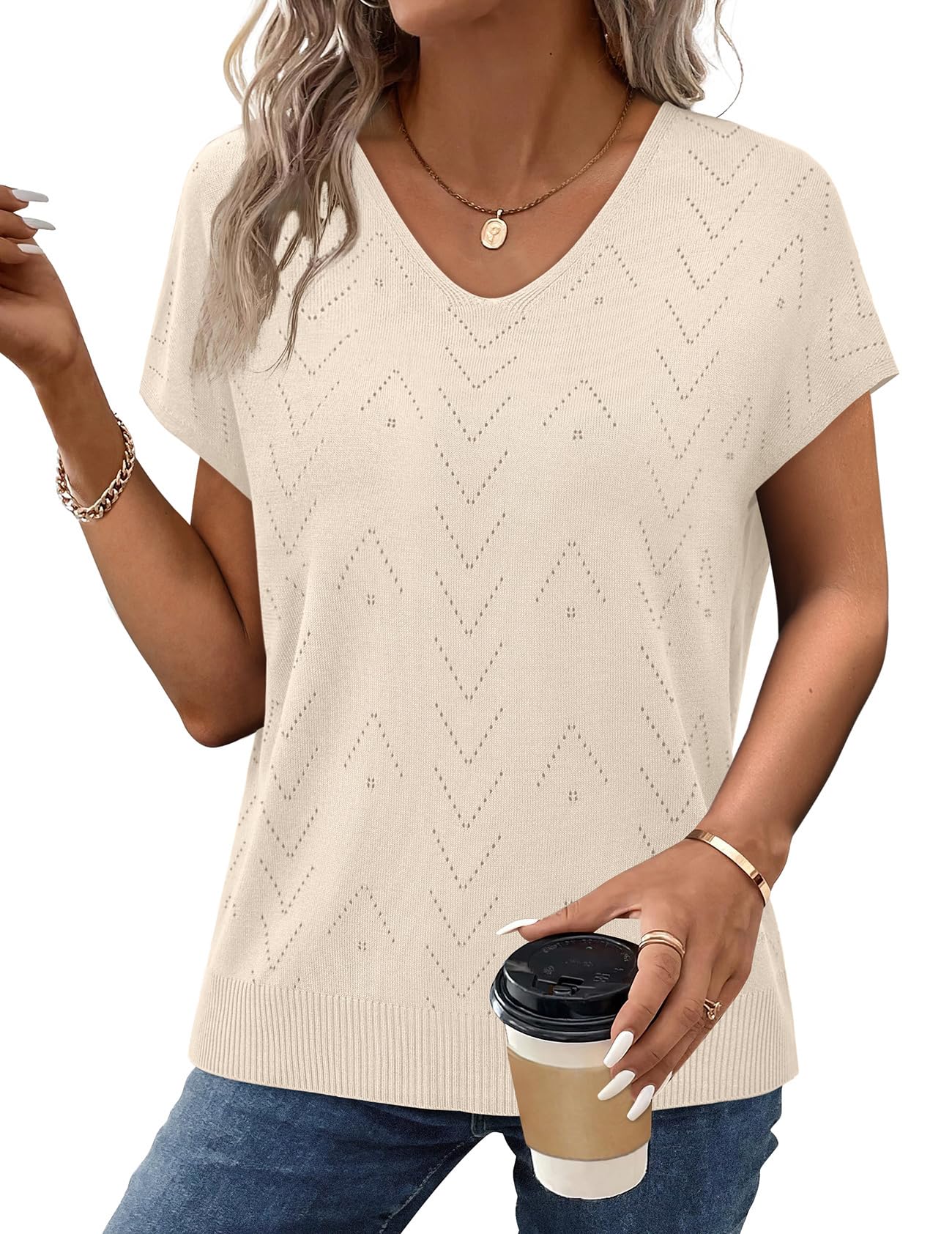 WIHOLL Short Sleeve Sweater for Women V Neck Trendy Cute Tops Business Casual Outfits Cap Sleeve