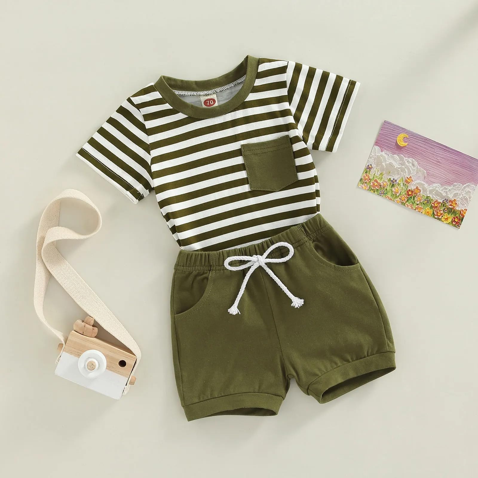 Eqenkely Conjunto Ropa para Niño Camiseta Top Rayas de Manga Corta y Cintura Elástica Pantalones Cortos 2Pcs Verano Shorts Trajes Bebé Outfit — view 3