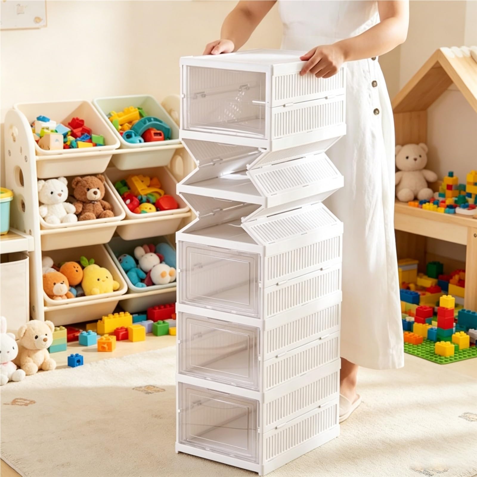 TYNGBT Durable Fold-Top Shoe Cabinet, Stackable Freestanding Shoe Rack with Clear Doors, Ready-to-Assemble Shoe Organizer with Lid for Closets & Entryways, 6 Tiers