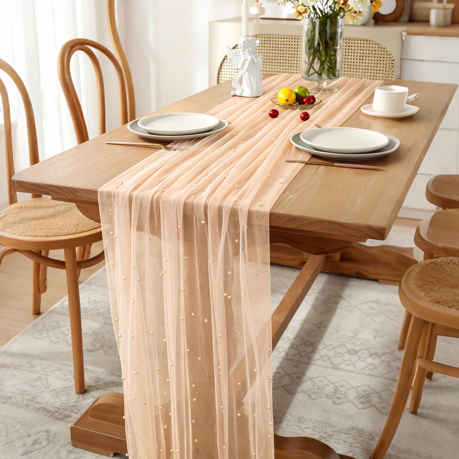 BINBE Runner da tavola in tulle, per primavera ed estate, rustico, bohémien, 3 m, per baby shower, matrimoni, vacanze, dessert, decorazione da tavolo, champagne