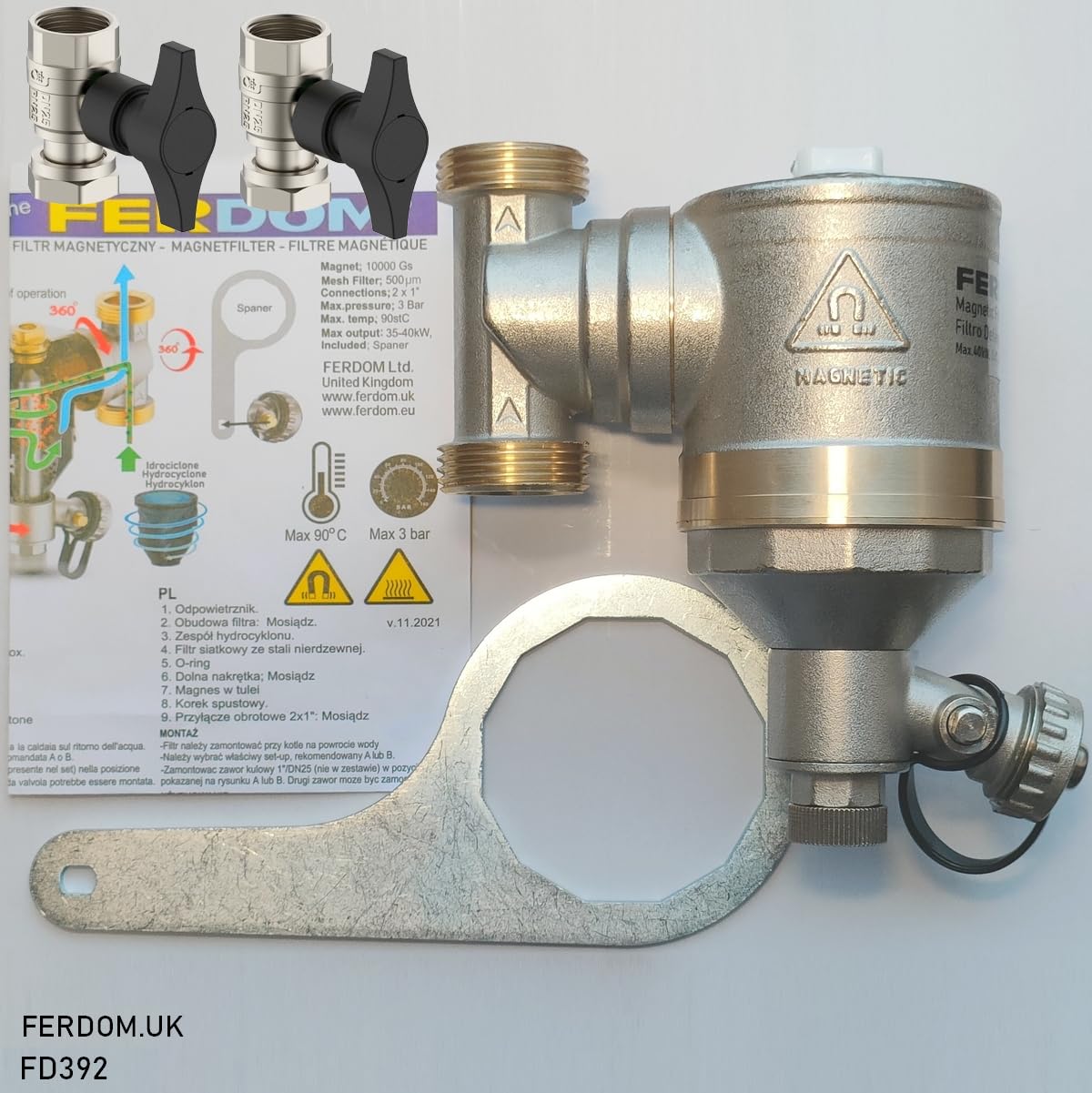 FERDOM "STRONG" FD392 1"/DN25 Filtro Magnético/Hidrociclón Para Sistemas De Calefacción etc. Imán 10000Gs. Con Separador De Partículas No Magnéticas 1000µm Inox. Max.40kW, Con.360 grados+2 Válvulas 1"