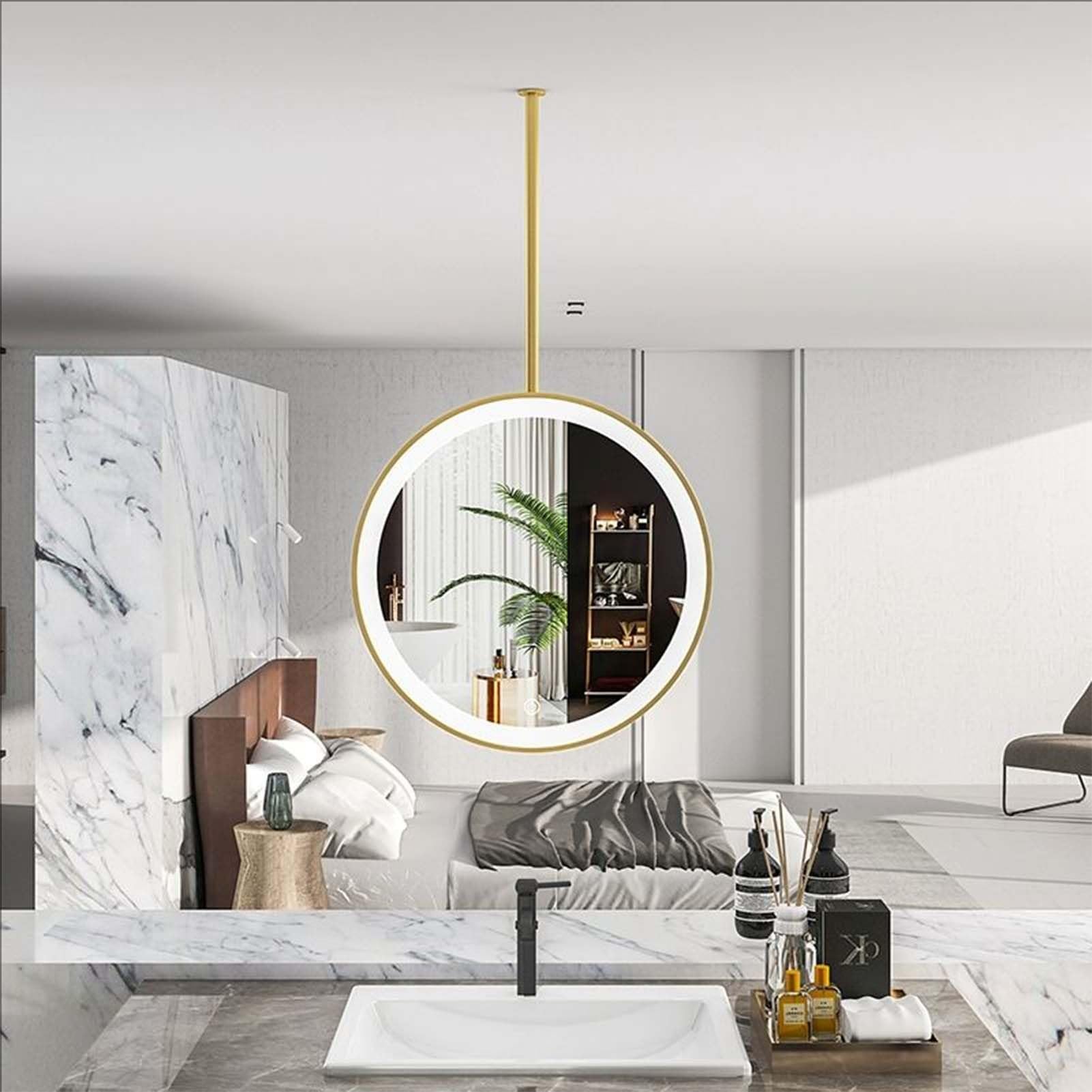 GLJTUO Metal Pole Ceiling Hanging Mirror with Lights Vanity Lighted Mirror, Modern Bathroom Floating Suspended Mirrors Frame,Gold-1L x 1W cm