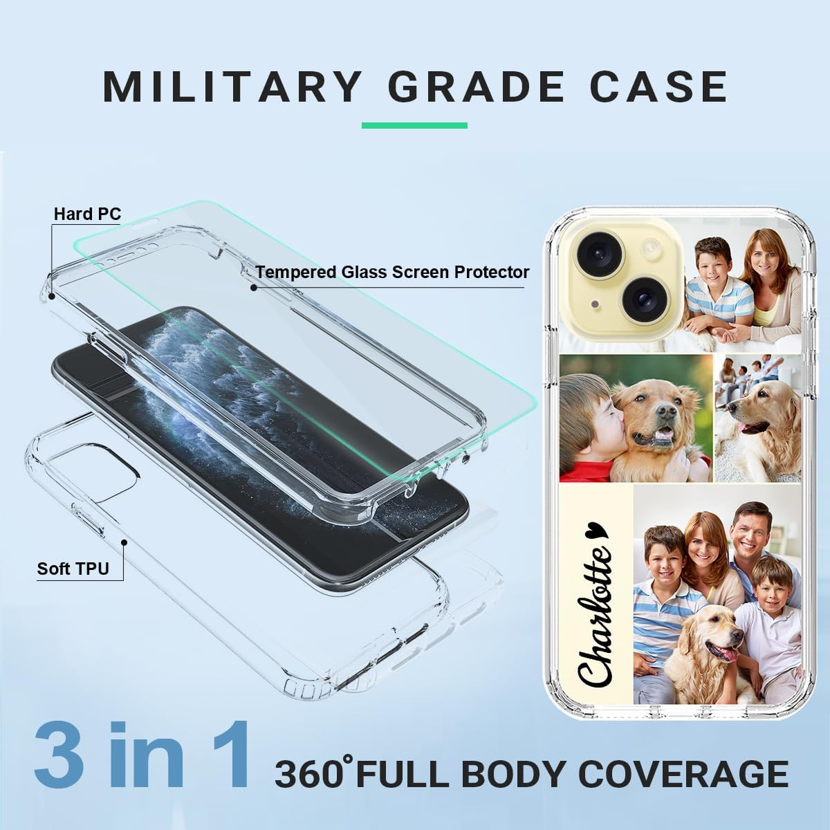 Custom Phone Case for iPhone 15,Bumper Heavy Duty Phone Case Multi-Picture Collages Personalized Photo Case with Screen Protector 3 in 1 Military Grade Full Body Protective Phone Cover Clear J