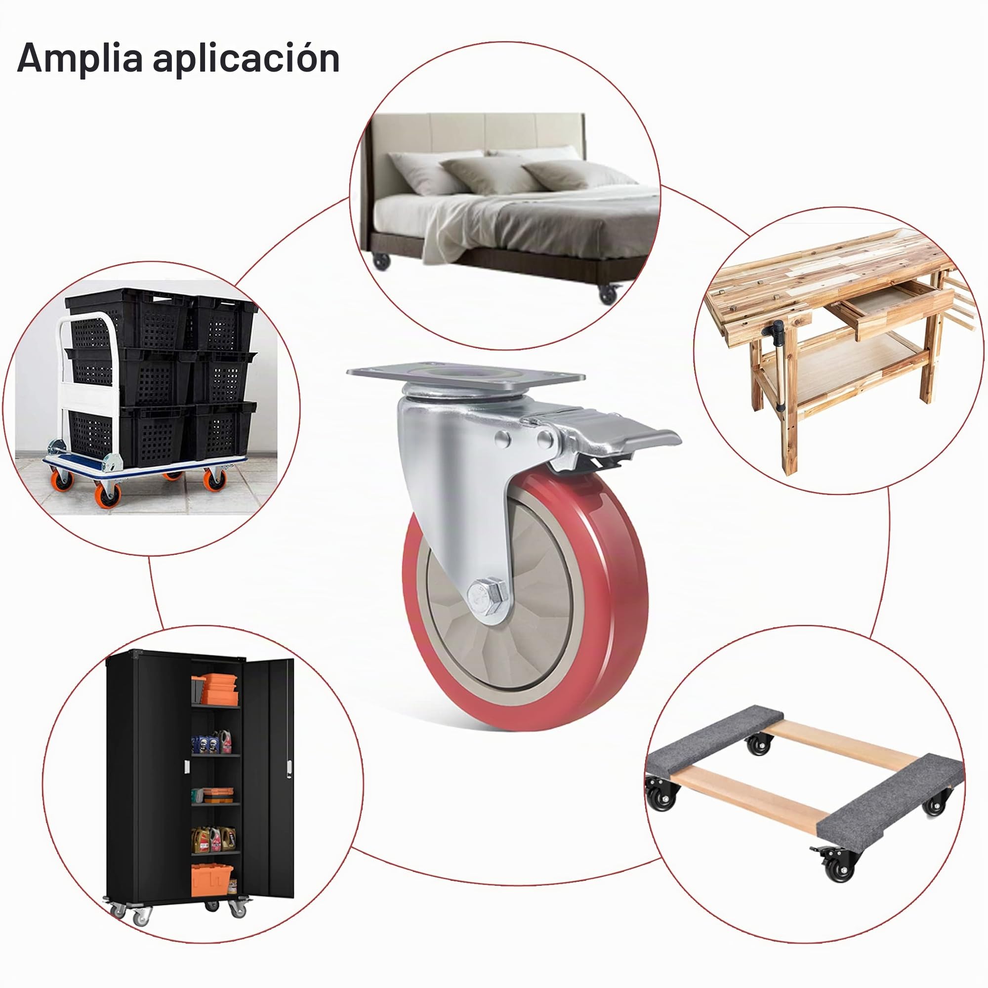 Juego de 4 ruedas giratorias para muebles, 125 mm, con freno, ruedas para cargas pesadas, 800 kg, rojas para muebles, ruedas de transporte, banco de trabajo, carro de herramientas, palés