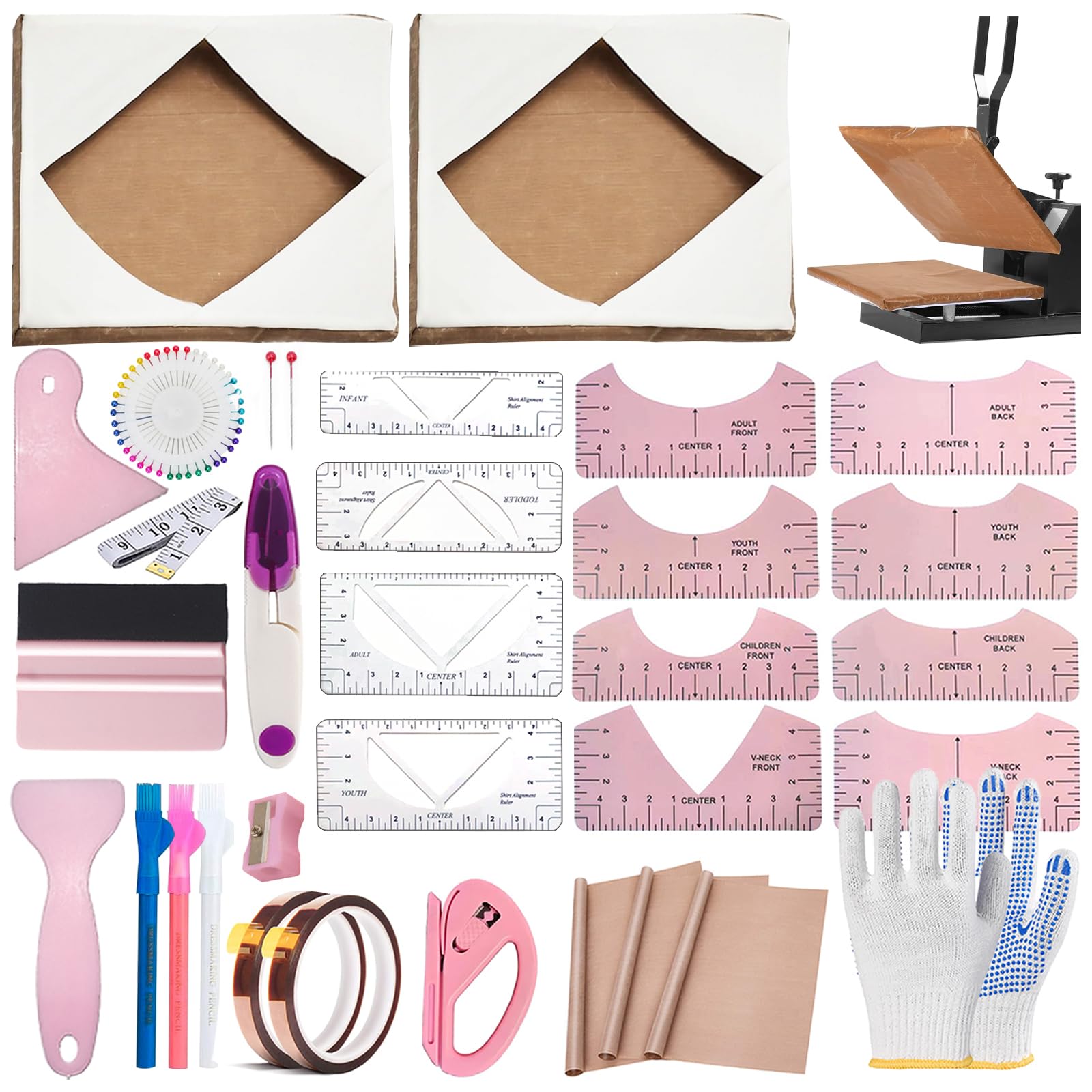 DNSGOOR Sublimation Shirts Tool Kits for Vinyl Alignment with 2 Pcs Heat Press Platen Wrap Cover 15 x 15 Inch for Cricut Heat Press HTV Vinyl Center