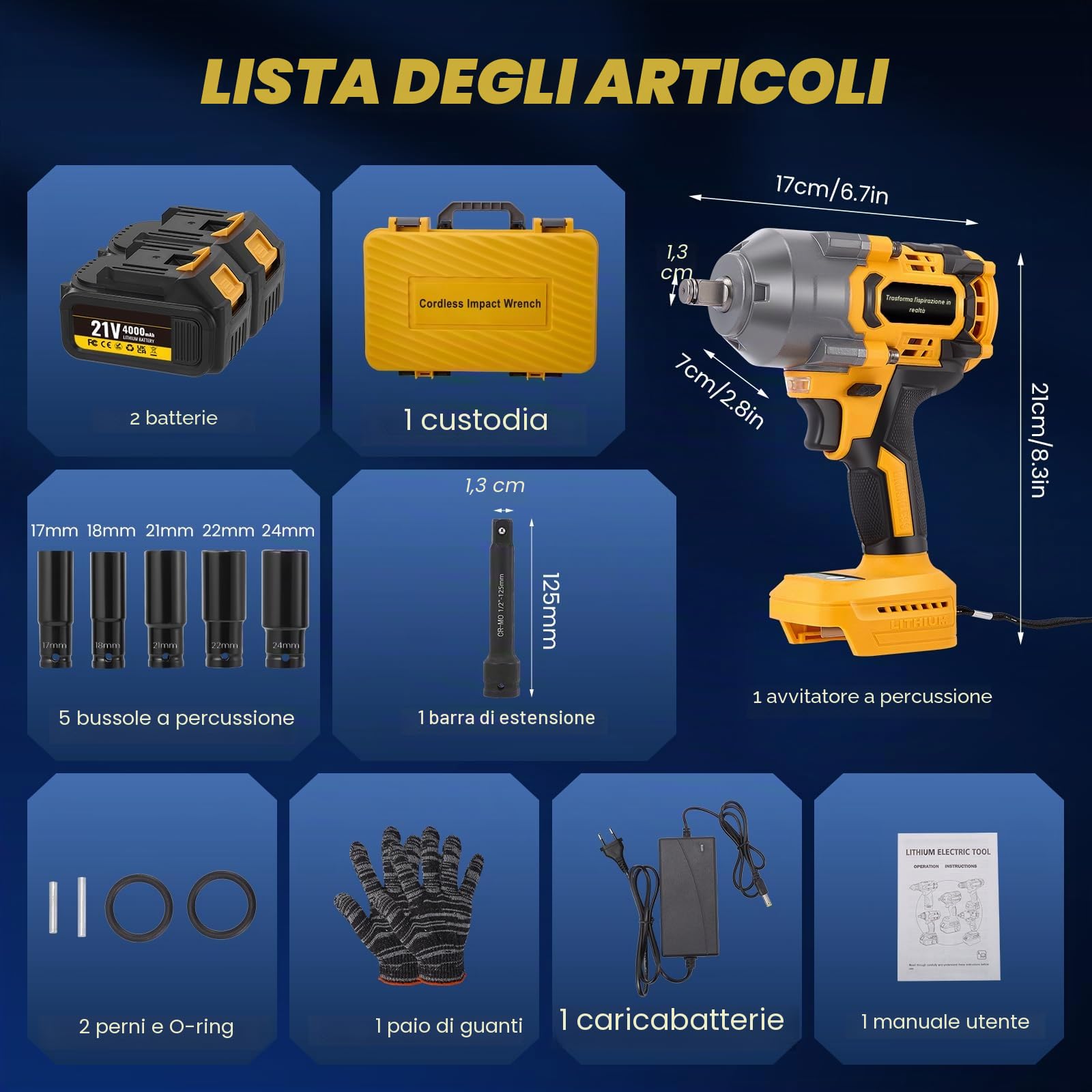 Avvitatore a Impulsi 1200NM 1/2'' 21V 3000RPM Chiave a Percussione ad Alta Coppia 2x 4.0Ah Batteria 3 Livelli di Velocità per Auto, DIY, Tosaerba
