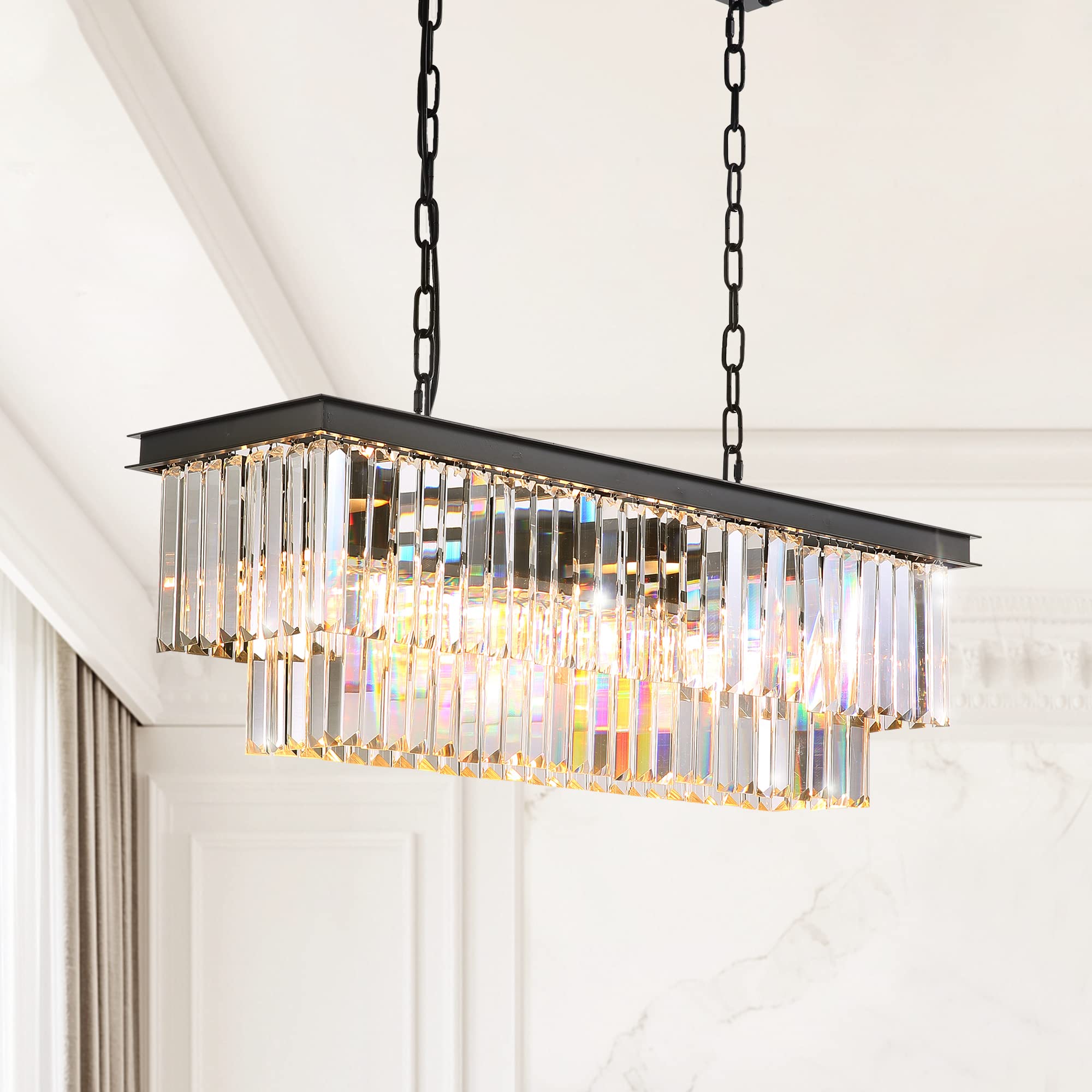 7PM Modern Crystal Chandelier Lighting, Rectangle Crystal Chandelier Black Chandelier for Dining Room Light Fixtures Modern Pendant Ceiling Light ...
