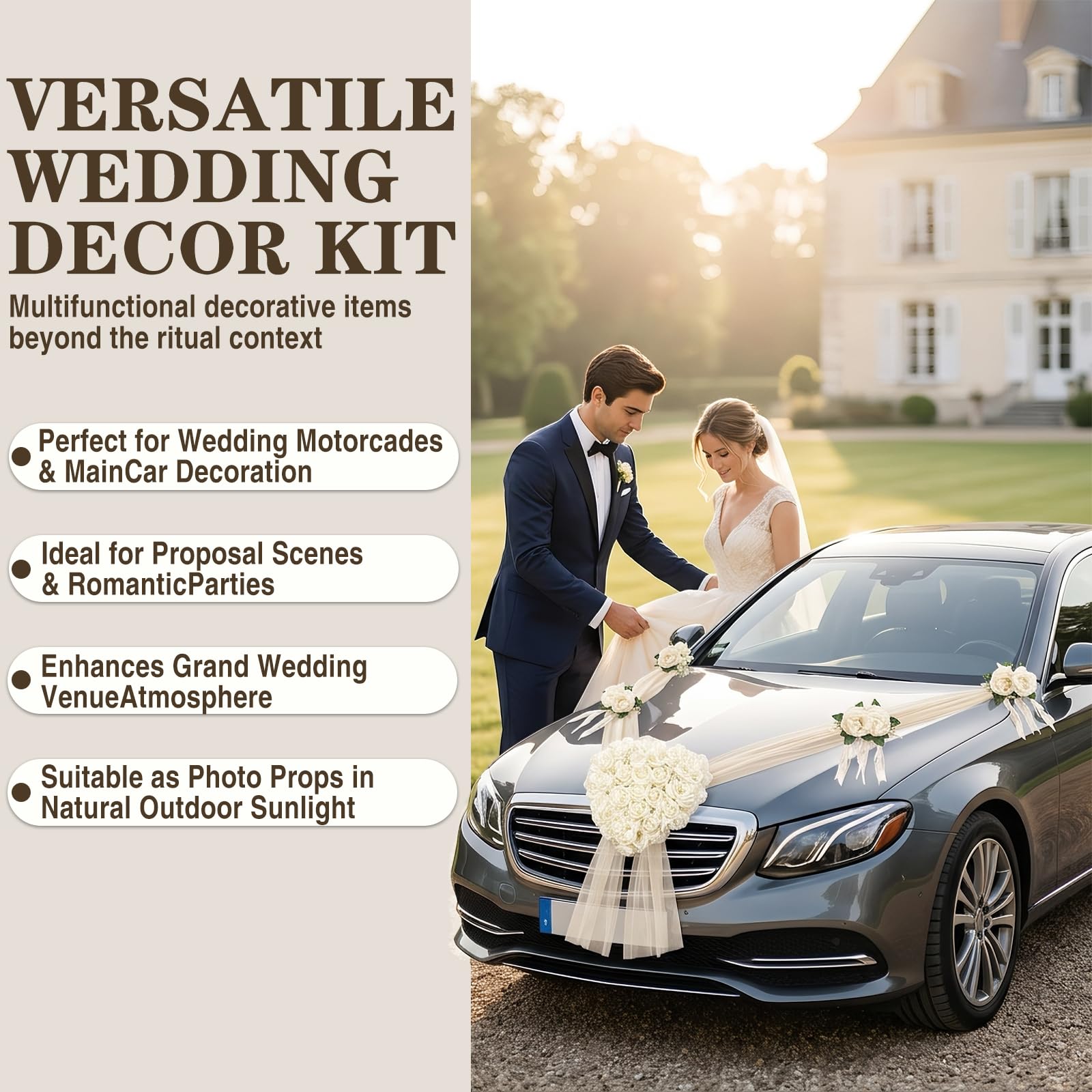 Set di decorazioni per auto per matrimonio, cofano di nozze, fiori artificiali bianchi, set di decorazioni per auto con 1 ghirlanda di cuori, 8 fiori, 2 tulle da 1,8 m, ecc., decorazione per auto per