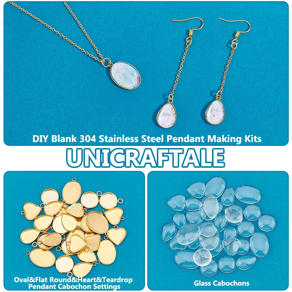 UNICRAFTALE Set 32 Pezzi Ciondolo In Acciaio Inossidabile con 4 Stili - Rotondo, Ovale, Cuore, Goccia con Lunetta Vuota e Cabochon In Vetro - Base Dorata
