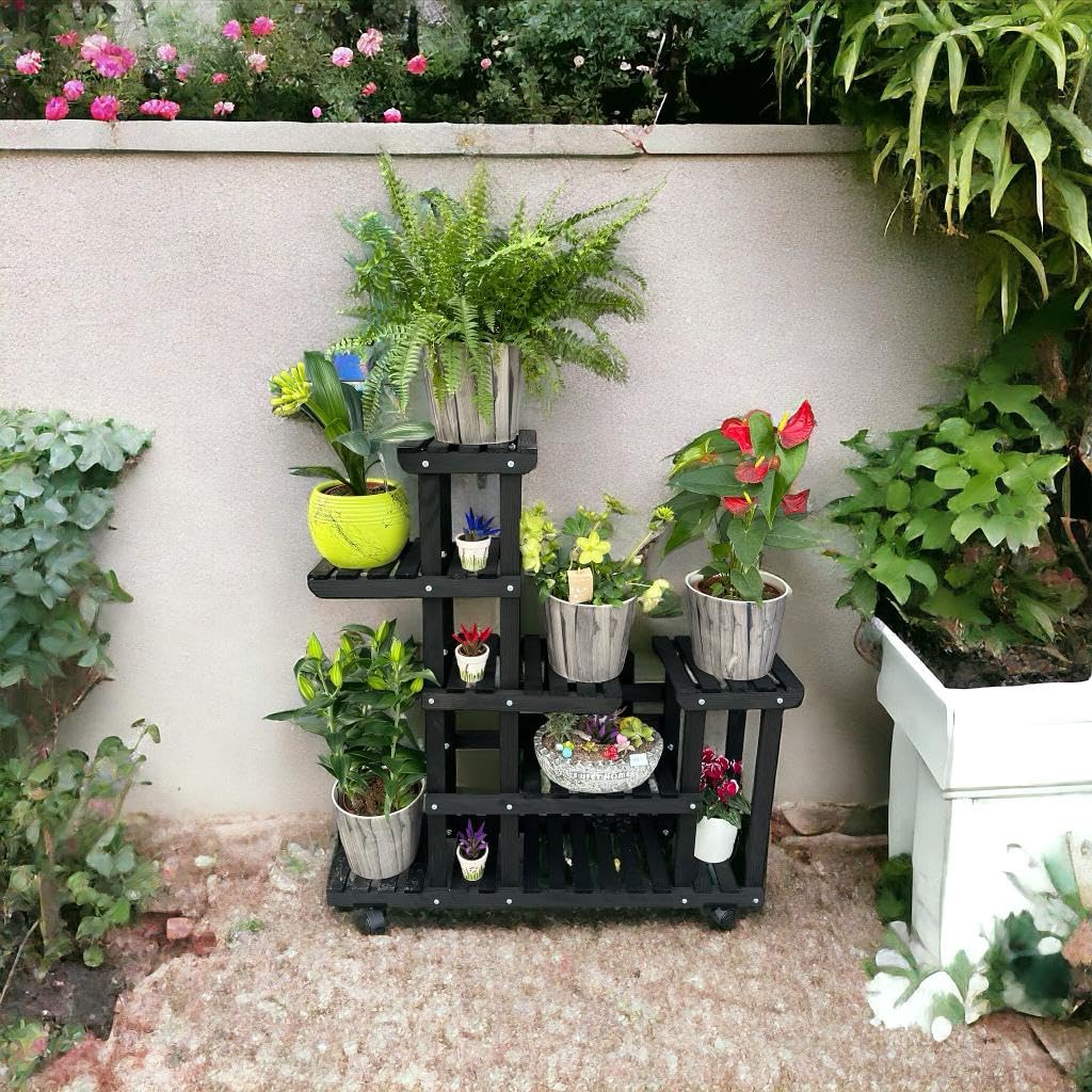 VEHER Ahşap (Çam) SİYAH Renk 6 Katlı Bitki Standı, Kilitlenebilir Tekerlekler + Mini Bahçe Seti + My Bead Kokulu Mum 50 cc