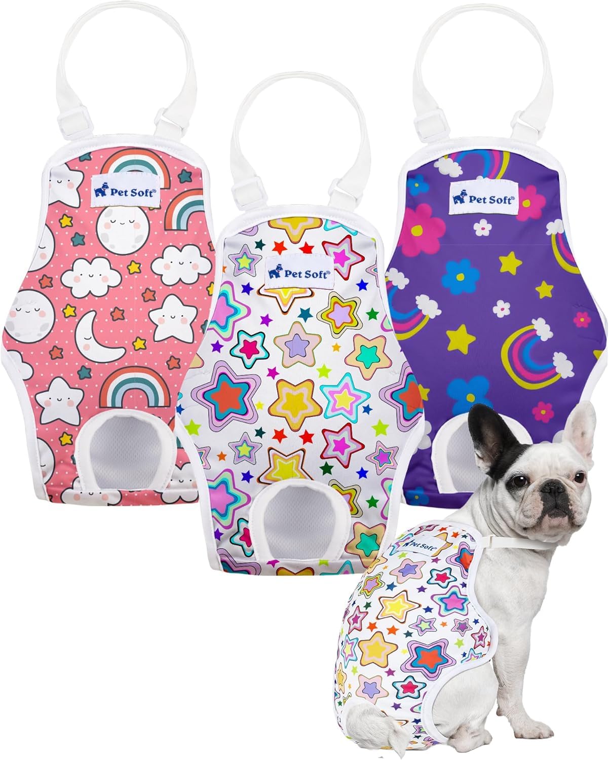 Pet Soft Dog Diapers Female Onesie Sanitary Pantie with Adjustable Suspender, Colorful Pattern Washable Puppy Diapers Female, Super Absorbent