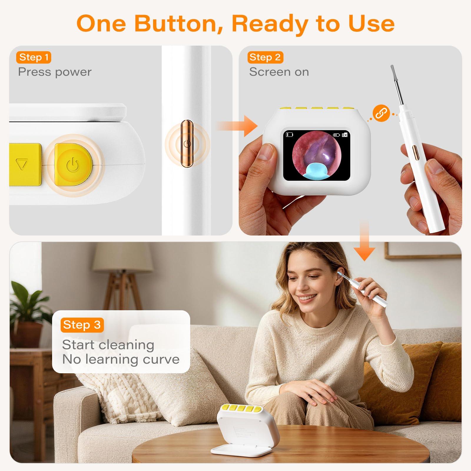 Otoscope Cure Oreille Avec Écran Intégré Et Gyroscope, Pas De Téléphone, Pas D'Application, Pas De WiFi, Nettoyage Caméra 1080P HD Avec 6 LED, Kit Élimination Cérumen Pour Seniors Et Toute La Famille