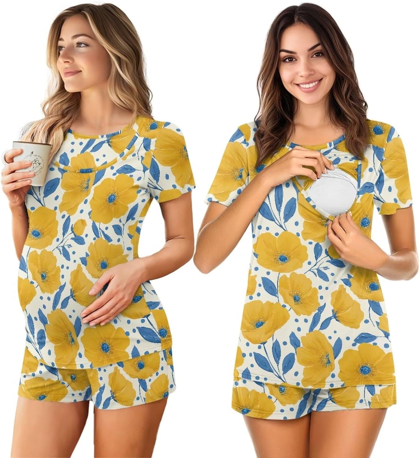 Women Maternity Nursing Pajama Set, Soft Double Layer Pregnancy PJS for Home S-2XL