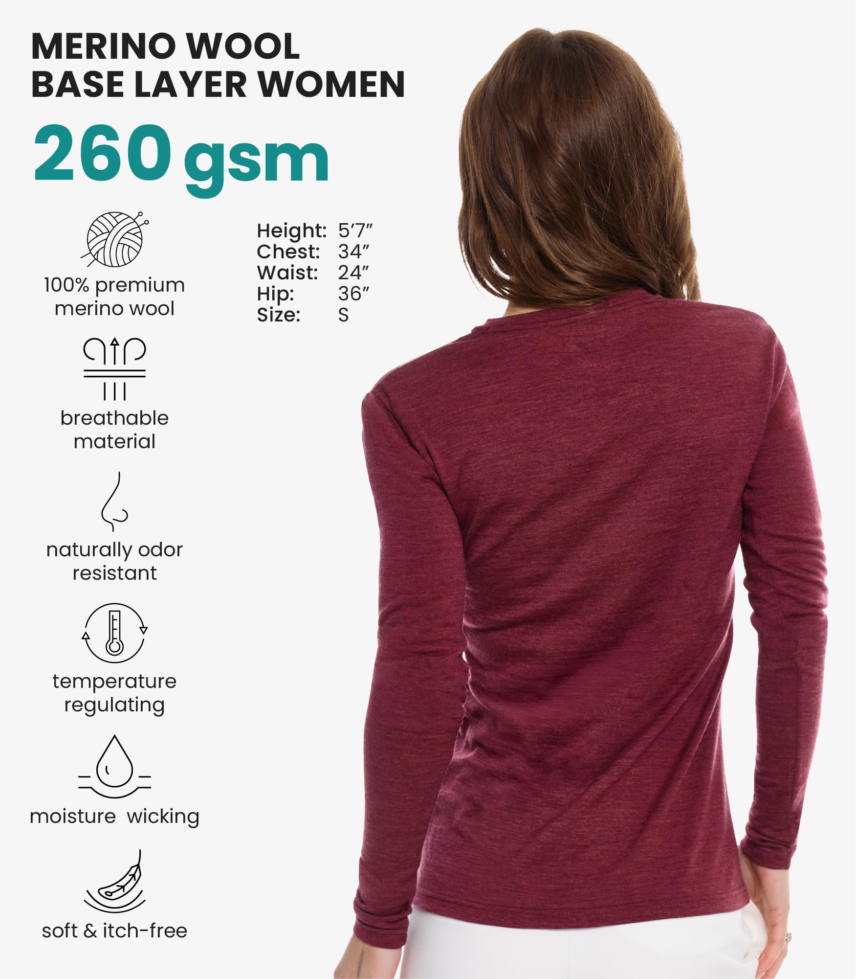 Merino.tech Сamisetas Mujer Manga Larga - 100% Lana Merino Ropa Termica (Small, 190 Burgundy Scoop)