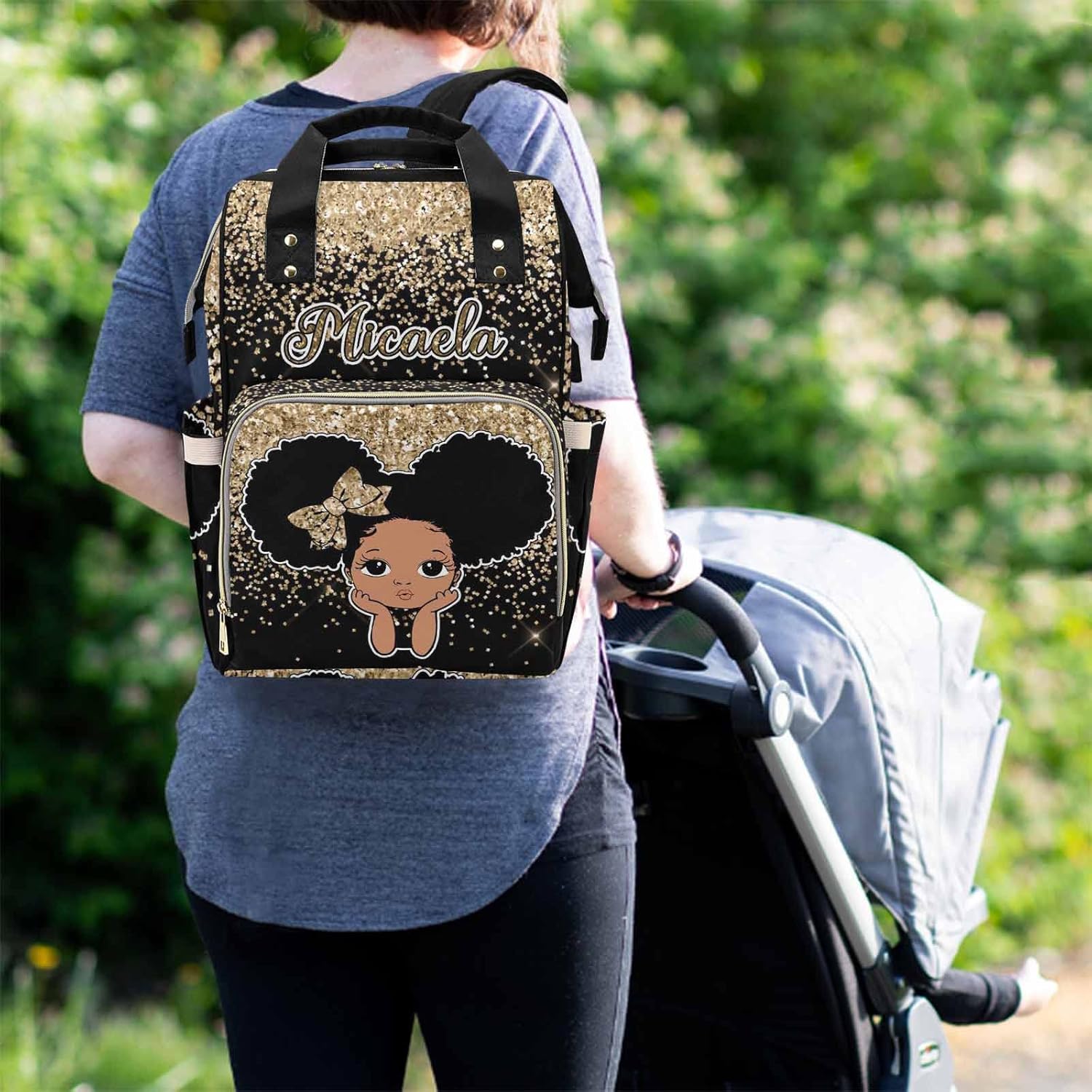 Customized Golden Glitter Diaper Bag with Name for Girl Boy, Personalized African Princess Mommy Nursing Daypack with Large Capacity for Travel Waterproof Nylon Backpack for Womens Birthday Gift