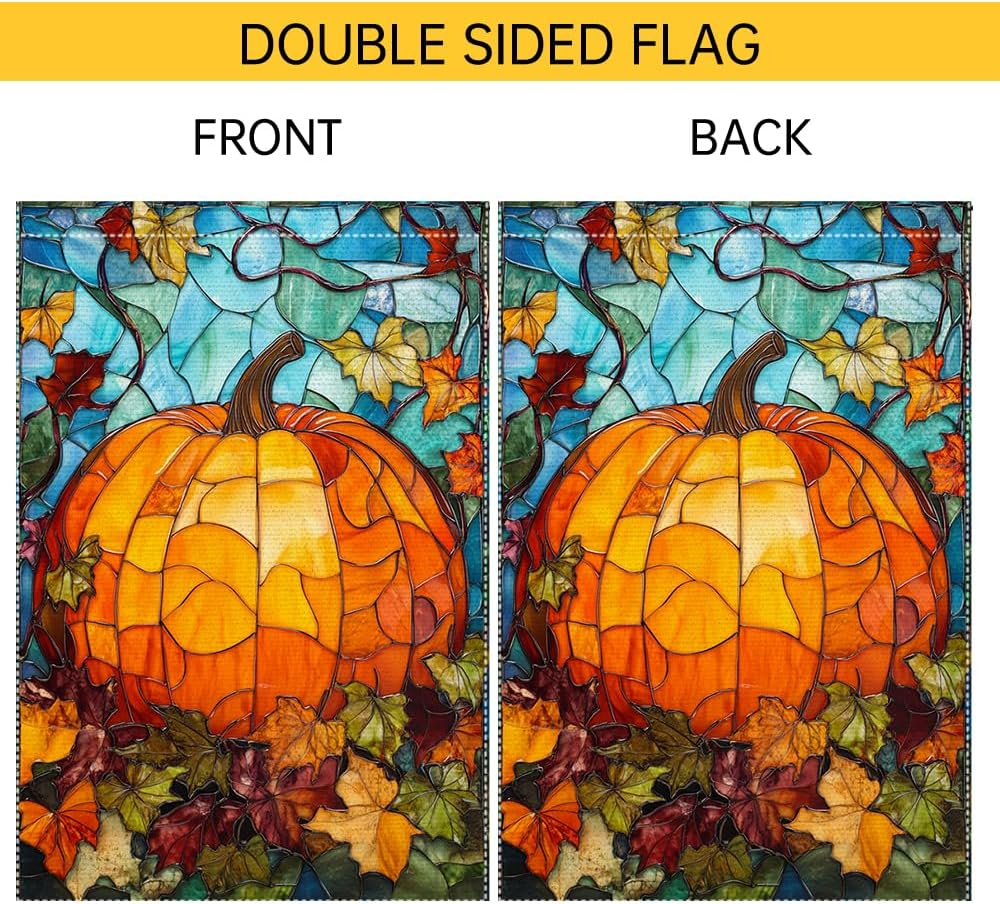 Fall Garden Flag For Outdoor Decor Thanksgiving Garden Flags Autumn Stained Glass Pumpkin Maple Leaf Double Sided Small Burlap Outside Porch Lawn Yard Flags Decorations 12.5x18 Inch - Image 6
