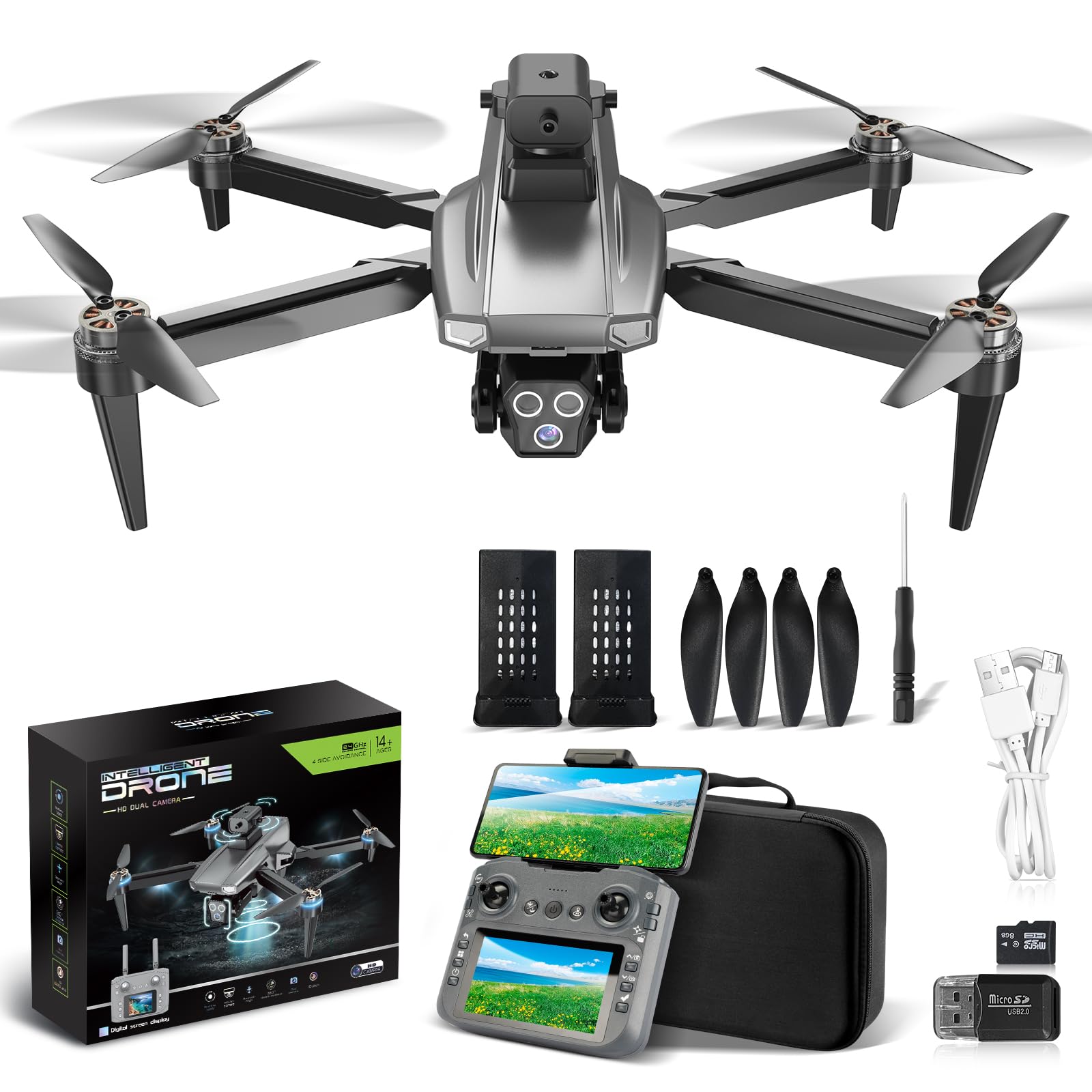 Drone 4K Profissional, Câmera Dupla, Controle com Tela 4.5”, Evitação de Obstáculos 360°,