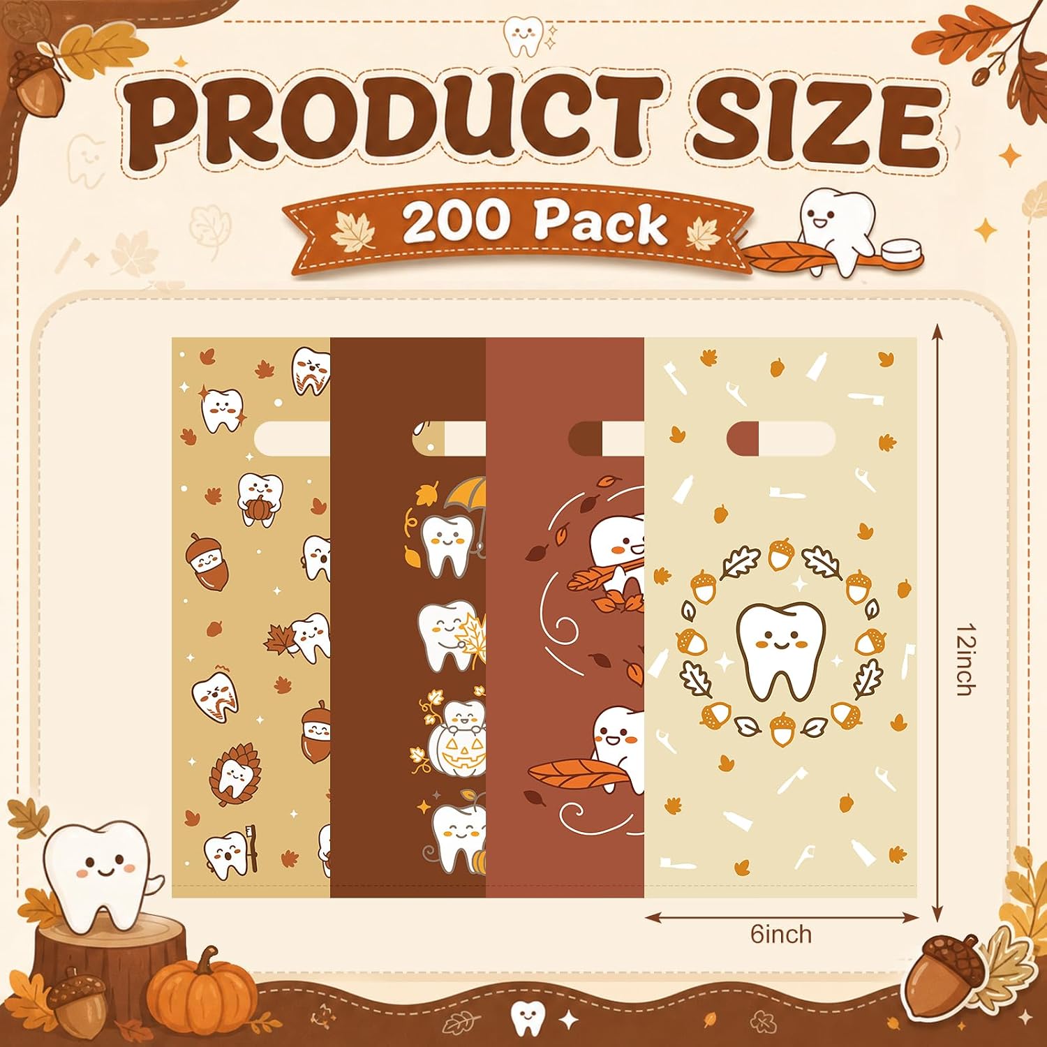 Epakh 200 Pack Plastic Autumn Dental Giveaway Bags Bulk with Handle | 6 x 12 in, 4 Styles, Pumpkin Maple Leaves Tooth Goodie Treat Bags, Clinics Dentist Office, Thanksgiving Fall Halloween Party