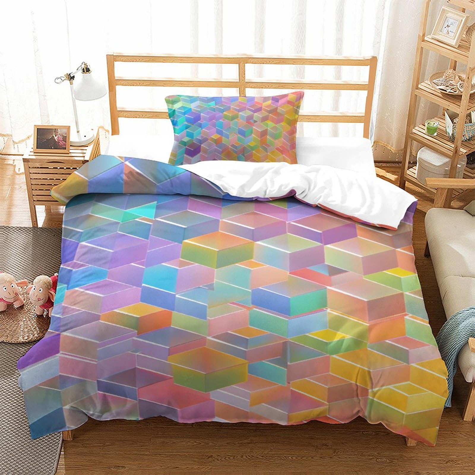 Housse de couette 3D blocs colorés microfibre respirante parure de lit single