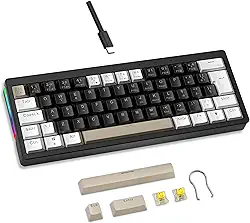 Mini Teclado Mecânico Formato 60% com Fio, Teclas Removíveis, Retroiluminação RGB, 61 Teclas para Jogospara Windows, laptop, PC, Mac - (Preto e Branco-switch amarelo)