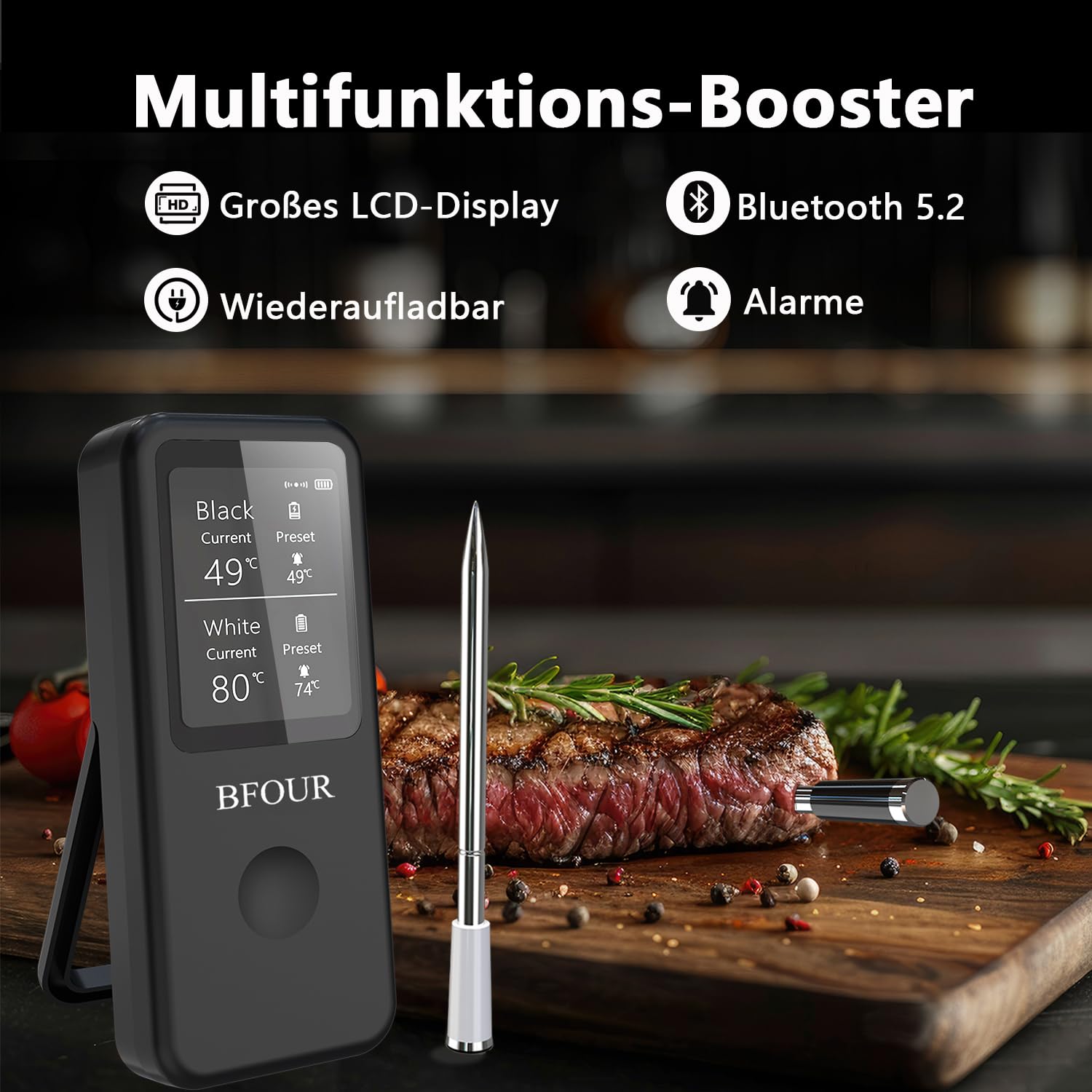 BFOUR Kabelloses Fleischthermometer mit 2 Sonden, Bluetooth Bratenthermometer Digital Wireless für Rotisserie Grill Ofen, APP-Steuerung, ± 0,5 ℃ Genauigkeit, Geschirrspüler Wasserdicht