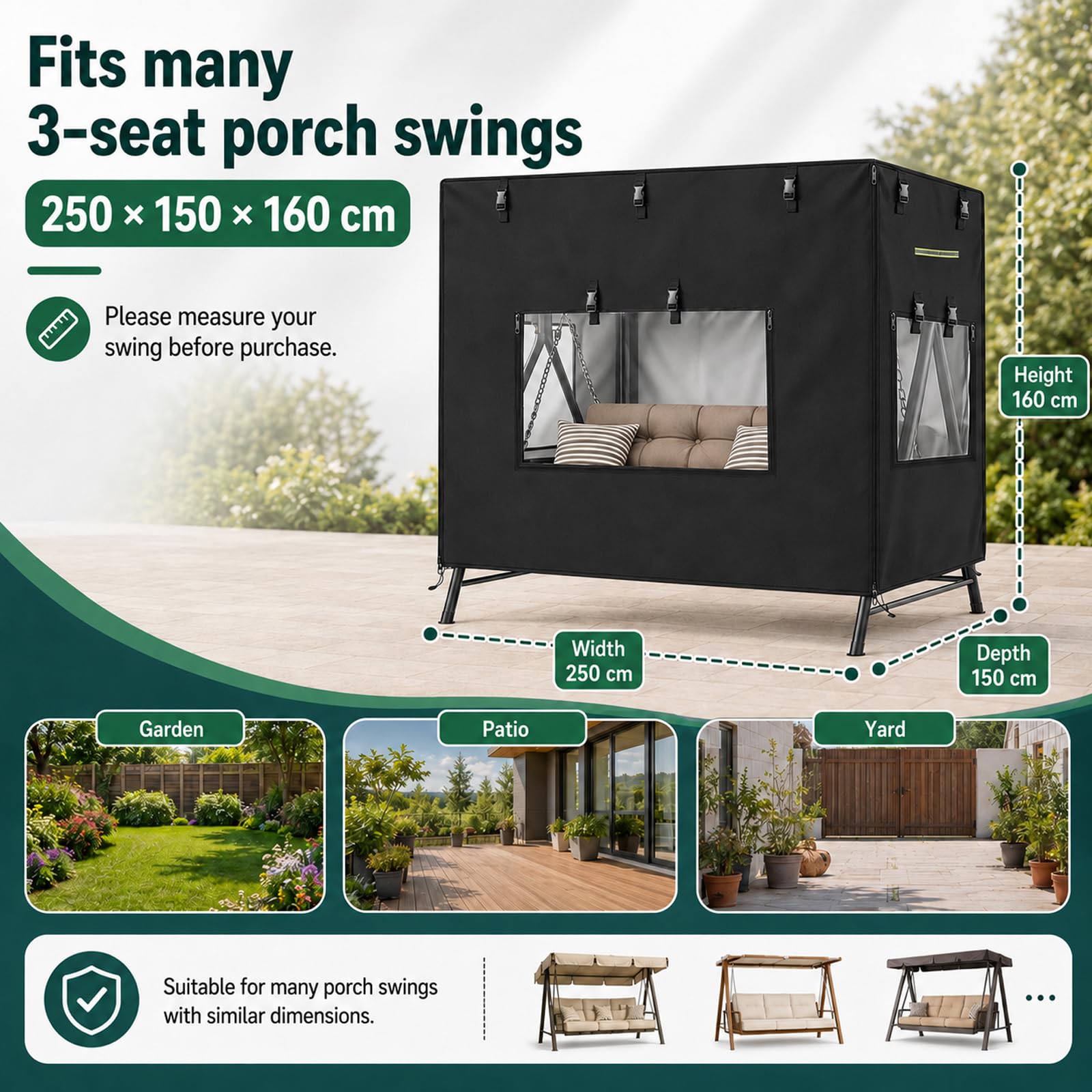 Hollywoodschaukel Abdeckung 3 Sitzer 250x150x160cm Wasserdicht