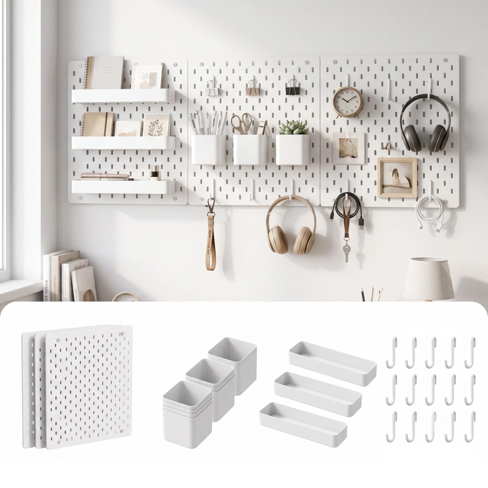 Peg Board for Wall | Modular Pegboard with Long & Short Panels & 15 Hooks for Study Table, Kids Room & Home Organization-image-2