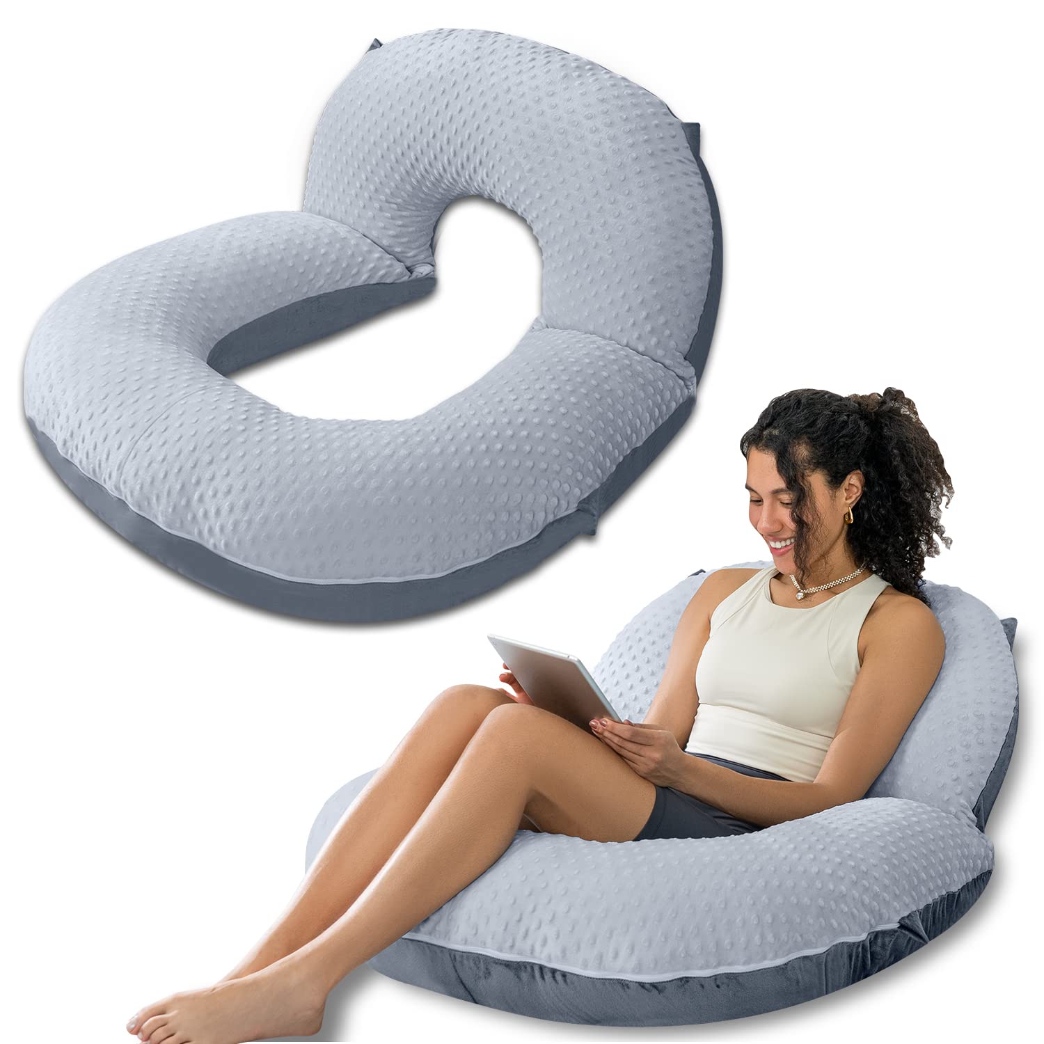 INSEN Reading Pillow, Back Pillow for Sitting in Bed for Reading, Nurse Relax, Reading Pillow for Adults, Moms Kids, Sit Up Pillow for Bed, Grey Bubble Velvet